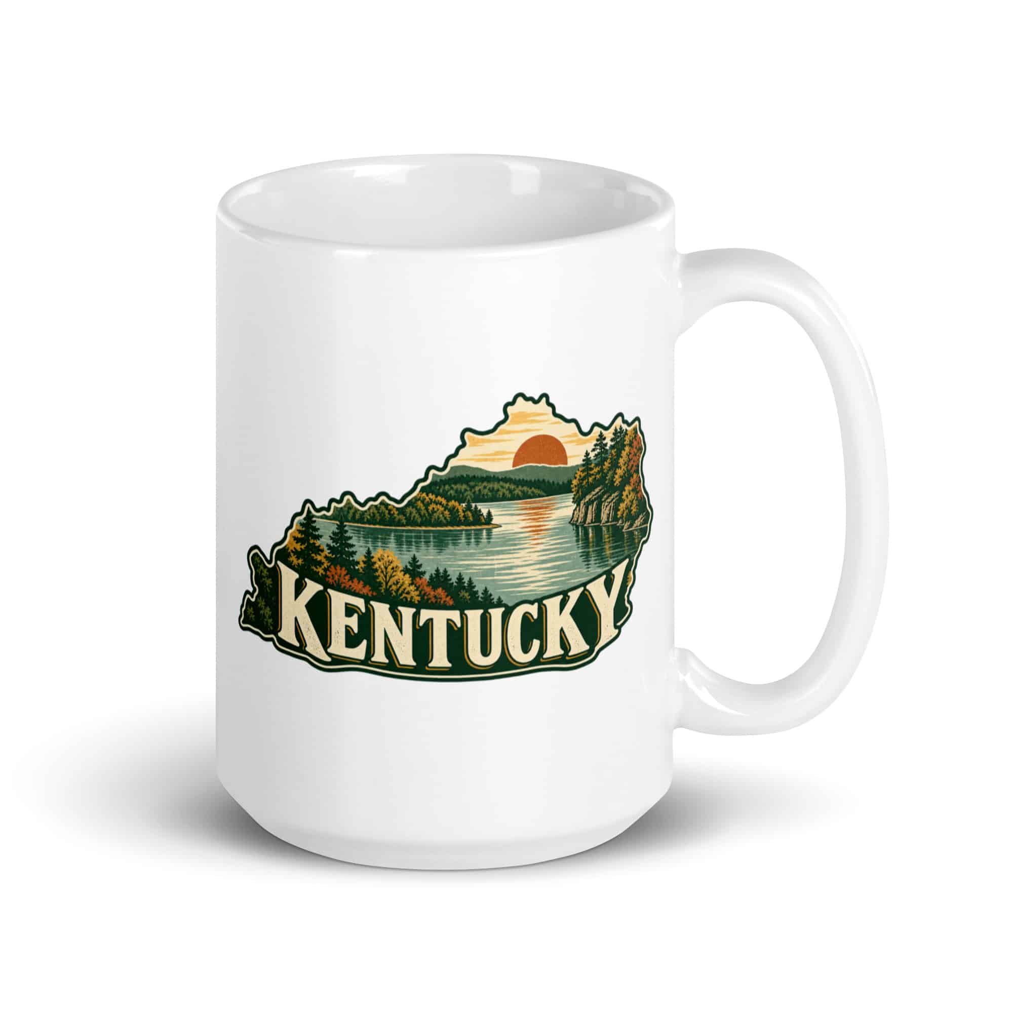 Kentucky White Ceramic Coffee Mug: Lake with wooded shoreline, Vintage Kentucky Silhouette