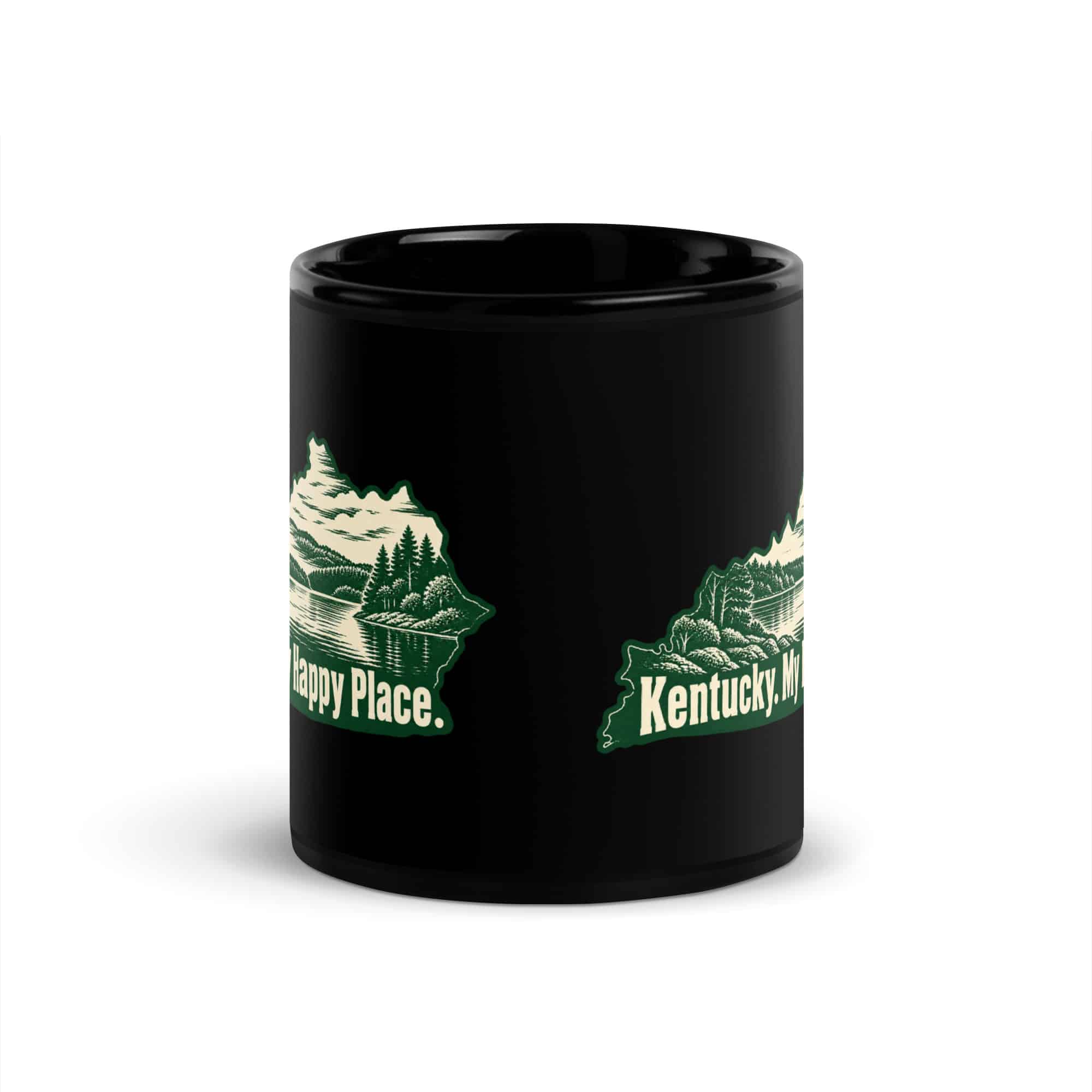 Kentucky Black Coffee Mug: Lake with wooded shoreline, Woodcut Kentucky Silhouette