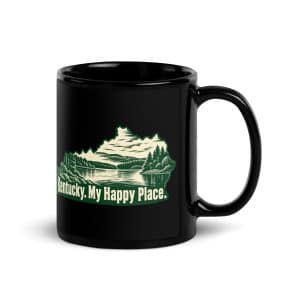 Kentucky Black Coffee Mug: Lake with wooded shoreline, Woodcut Kentucky Silhouette - 11 oz - Handle on Right