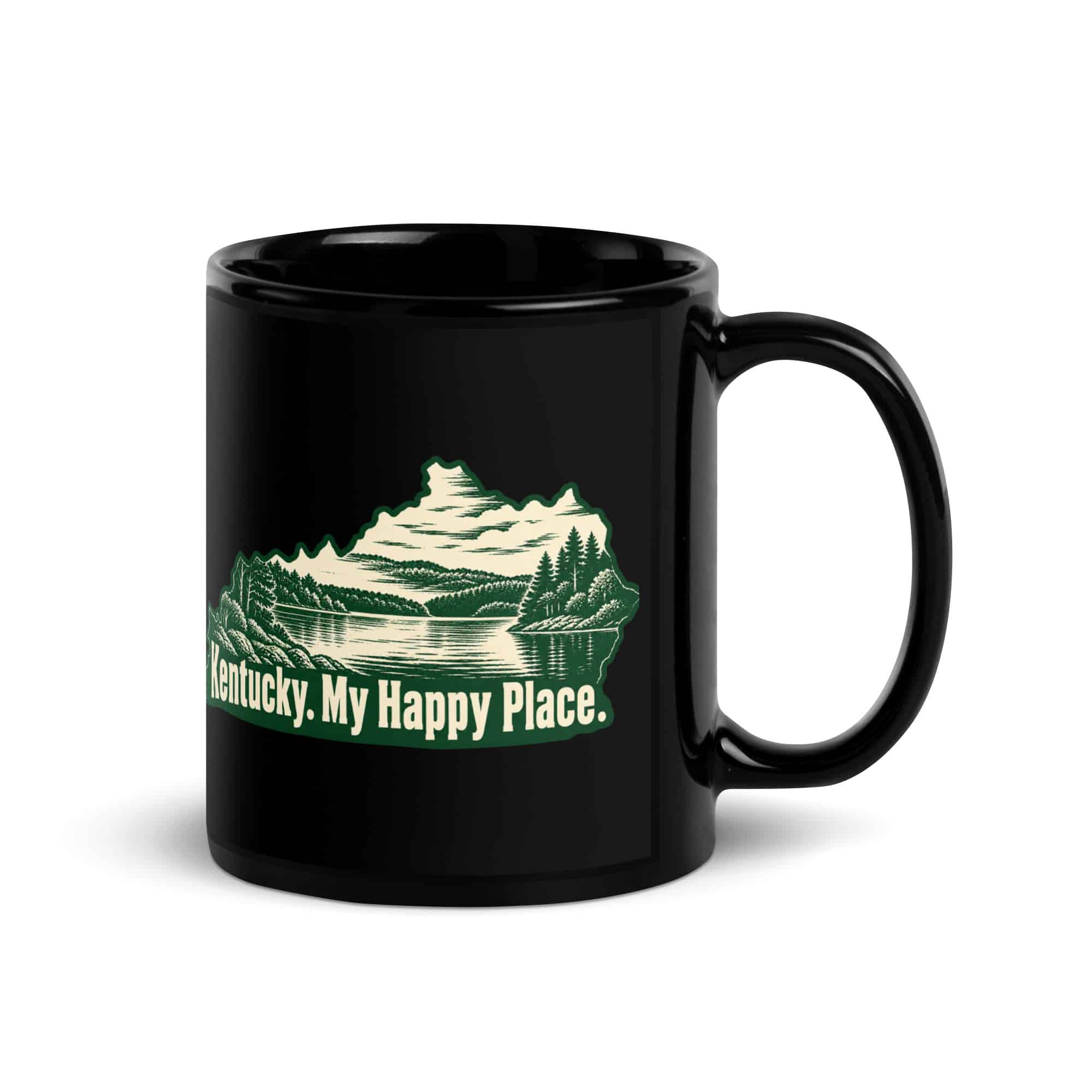 Kentucky Black Coffee Mug: Lake with wooded shoreline, Woodcut Kentucky Silhouette