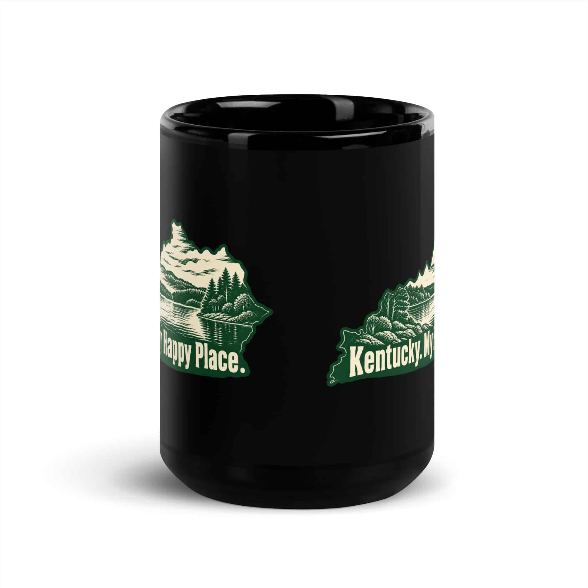 Kentucky Black Coffee Mug: Lake with wooded shoreline, Woodcut Kentucky Silhouette