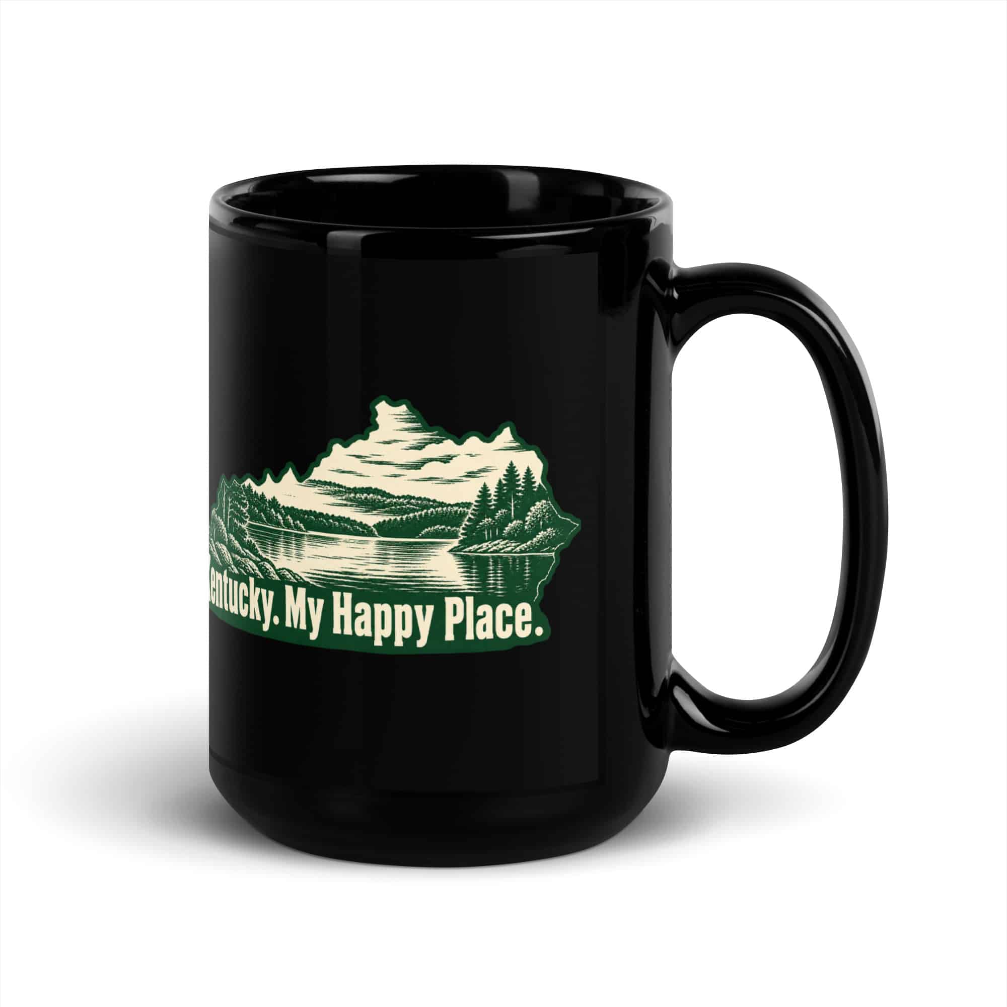 Kentucky Black Coffee Mug: Lake with wooded shoreline, Woodcut Kentucky Silhouette