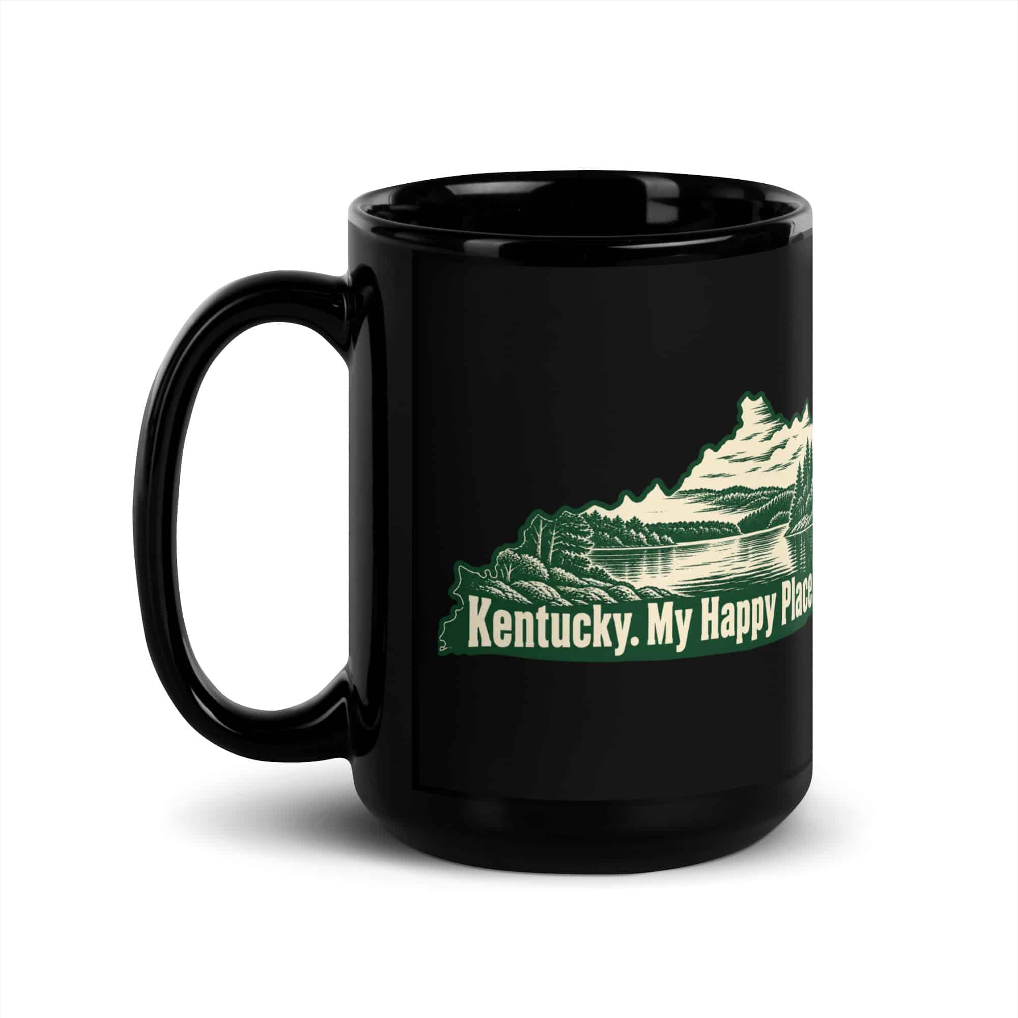 Kentucky Black Coffee Mug: Lake with wooded shoreline, Woodcut Kentucky Silhouette