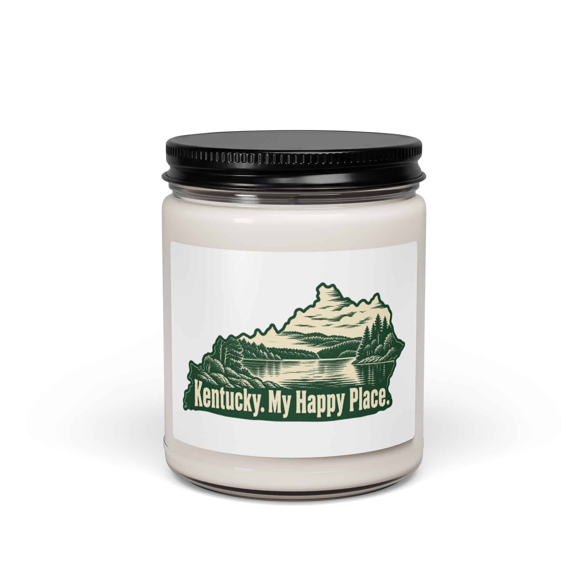 Kentucky Soy Wax Candle: Lake with wooded shoreline, Woodcut Kentucky Silhouette