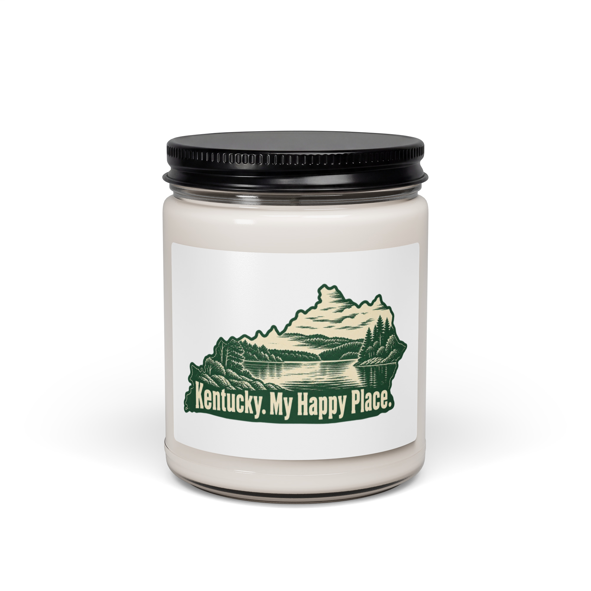 Kentucky Soy Wax Candle: Lake with wooded shoreline, Woodcut Kentucky Silhouette