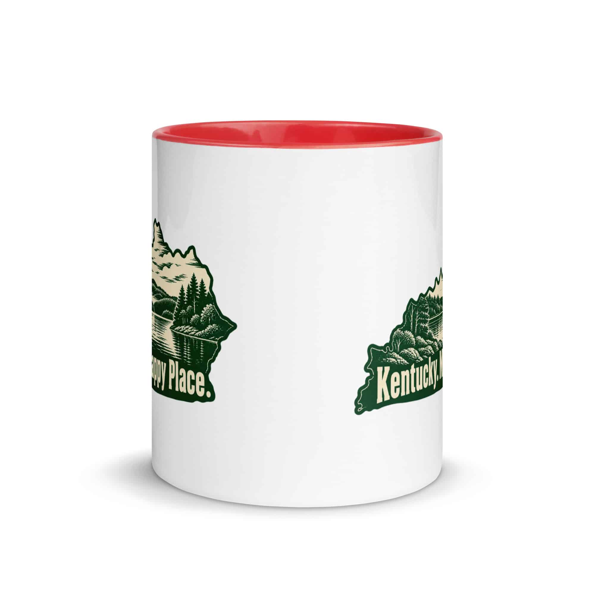 Kentucky Color Inside Coffee Mug: Lake with wooded shoreline, Woodcut Kentucky Silhouette