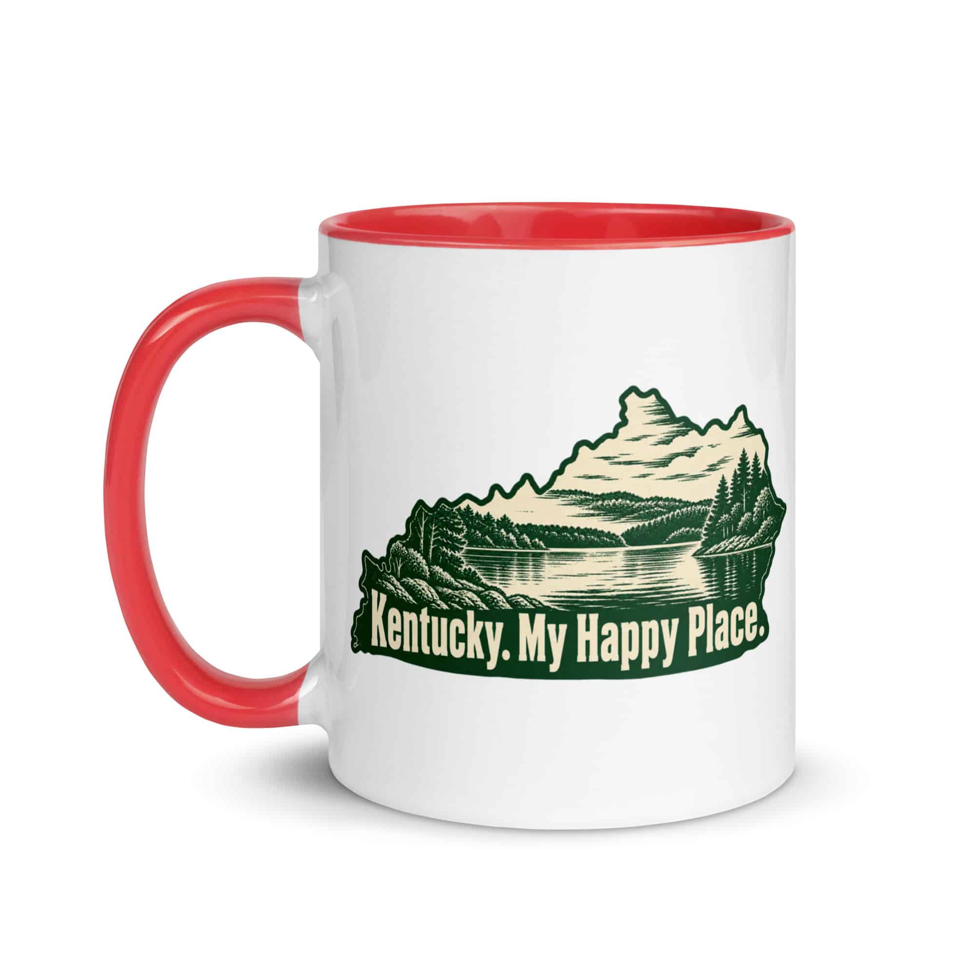 Kentucky Color Inside Coffee Mug: Lake with wooded shoreline, Woodcut Kentucky Silhouette