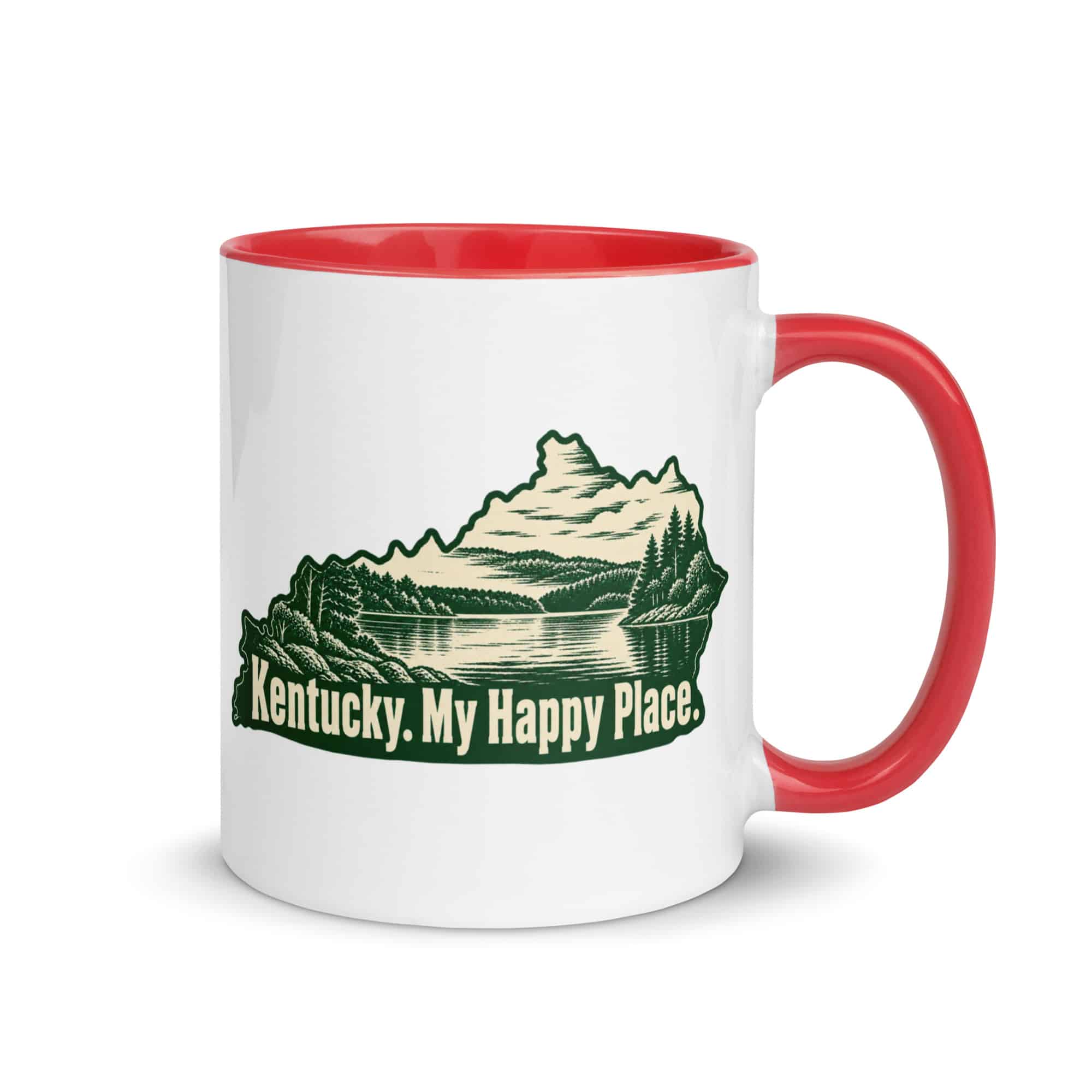 Kentucky Color Inside Coffee Mug: Lake with wooded shoreline, Woodcut Kentucky Silhouette