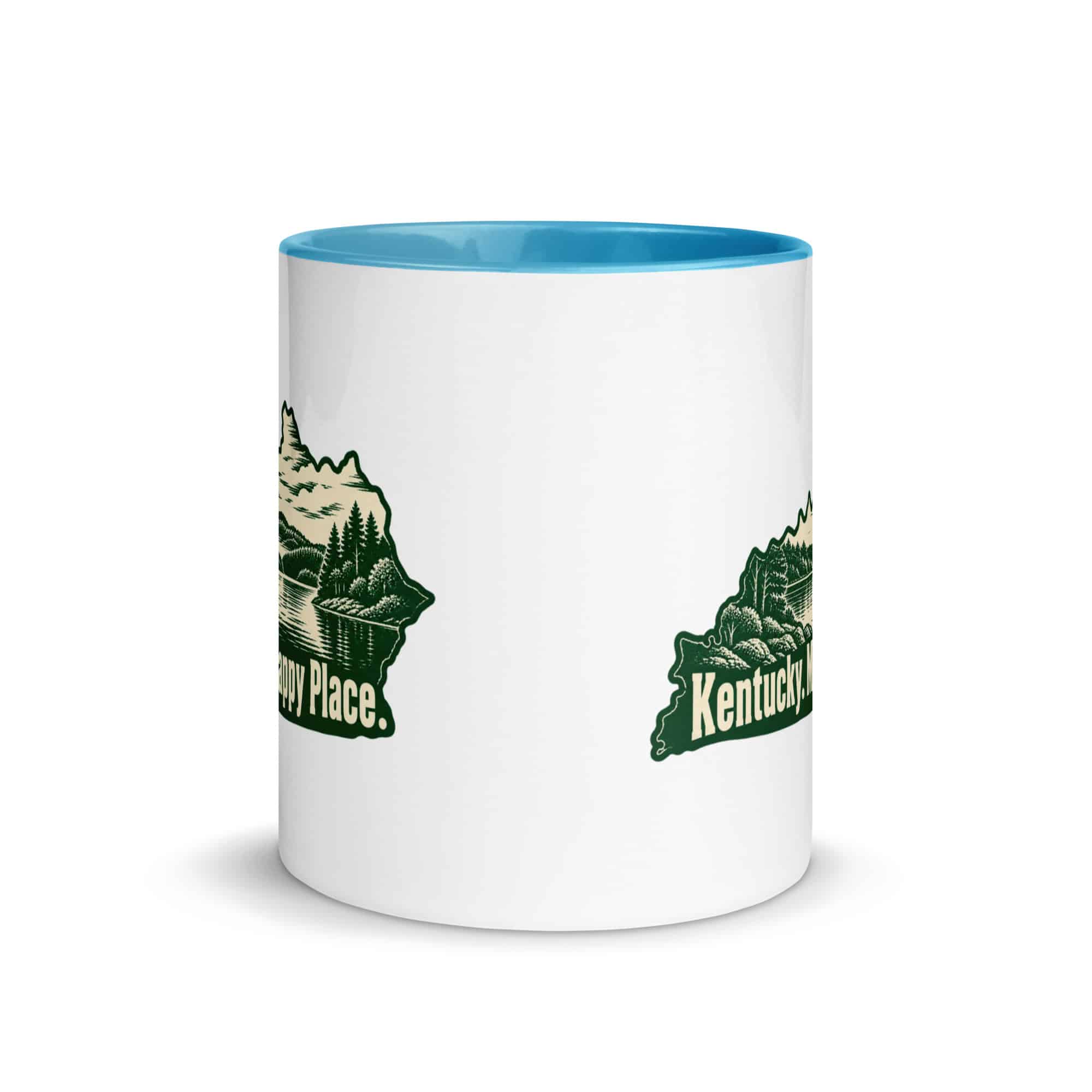 Kentucky Color Inside Coffee Mug: Lake with wooded shoreline, Woodcut Kentucky Silhouette