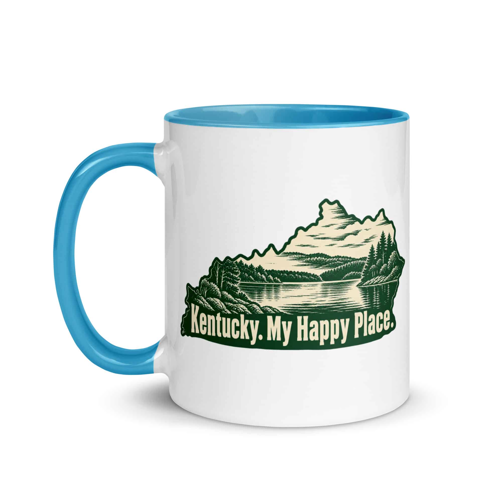 Kentucky Color Inside Coffee Mug: Lake with wooded shoreline, Woodcut Kentucky Silhouette