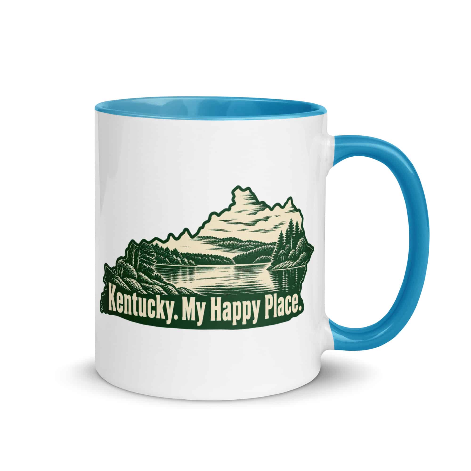 Kentucky Color Inside Coffee Mug: Lake with wooded shoreline, Woodcut Kentucky Silhouette