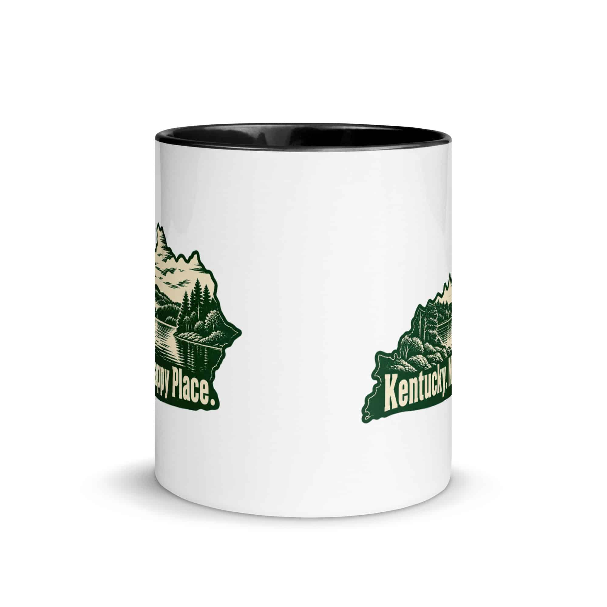 Kentucky Color Inside Coffee Mug: Lake with wooded shoreline, Woodcut Kentucky Silhouette