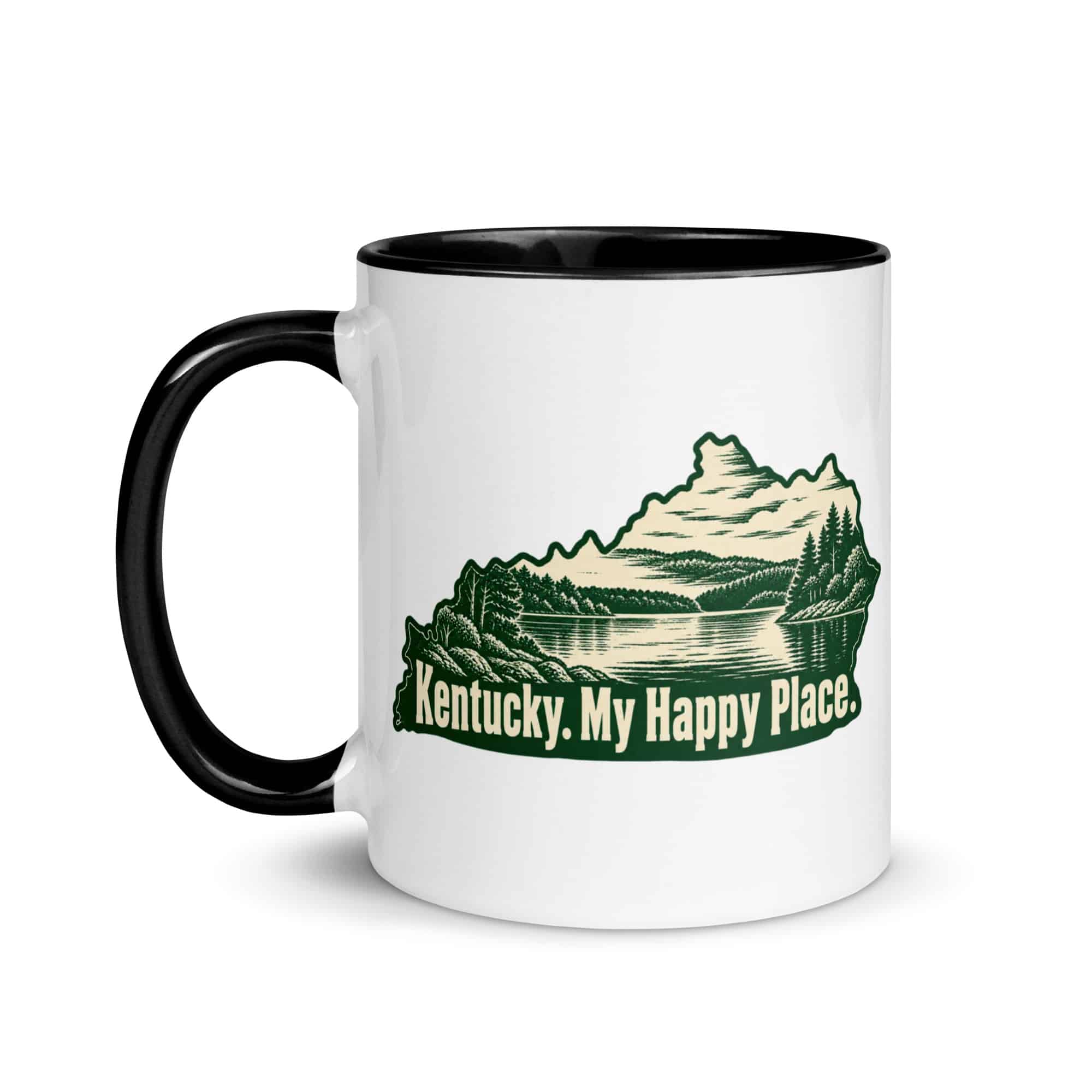 Kentucky Color Inside Coffee Mug: Lake with wooded shoreline, Woodcut Kentucky Silhouette