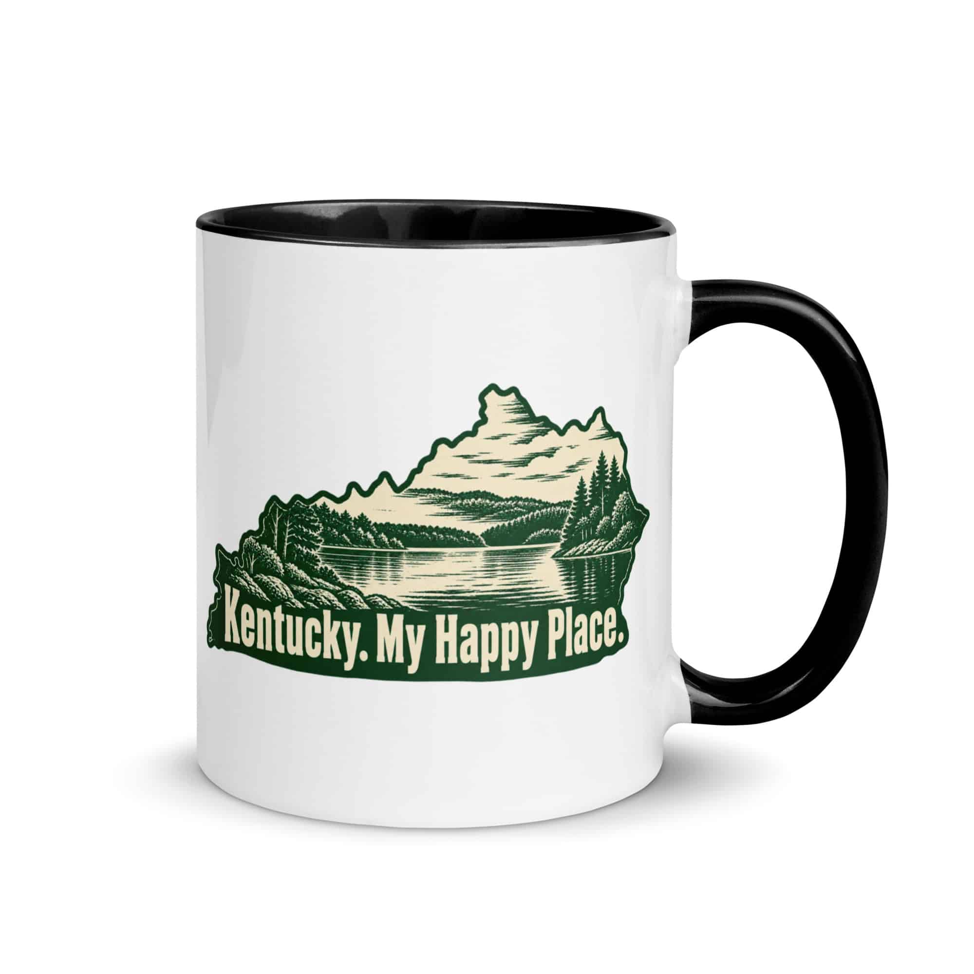 Kentucky Color Inside Coffee Mug: Lake with wooded shoreline, Woodcut Kentucky Silhouette
