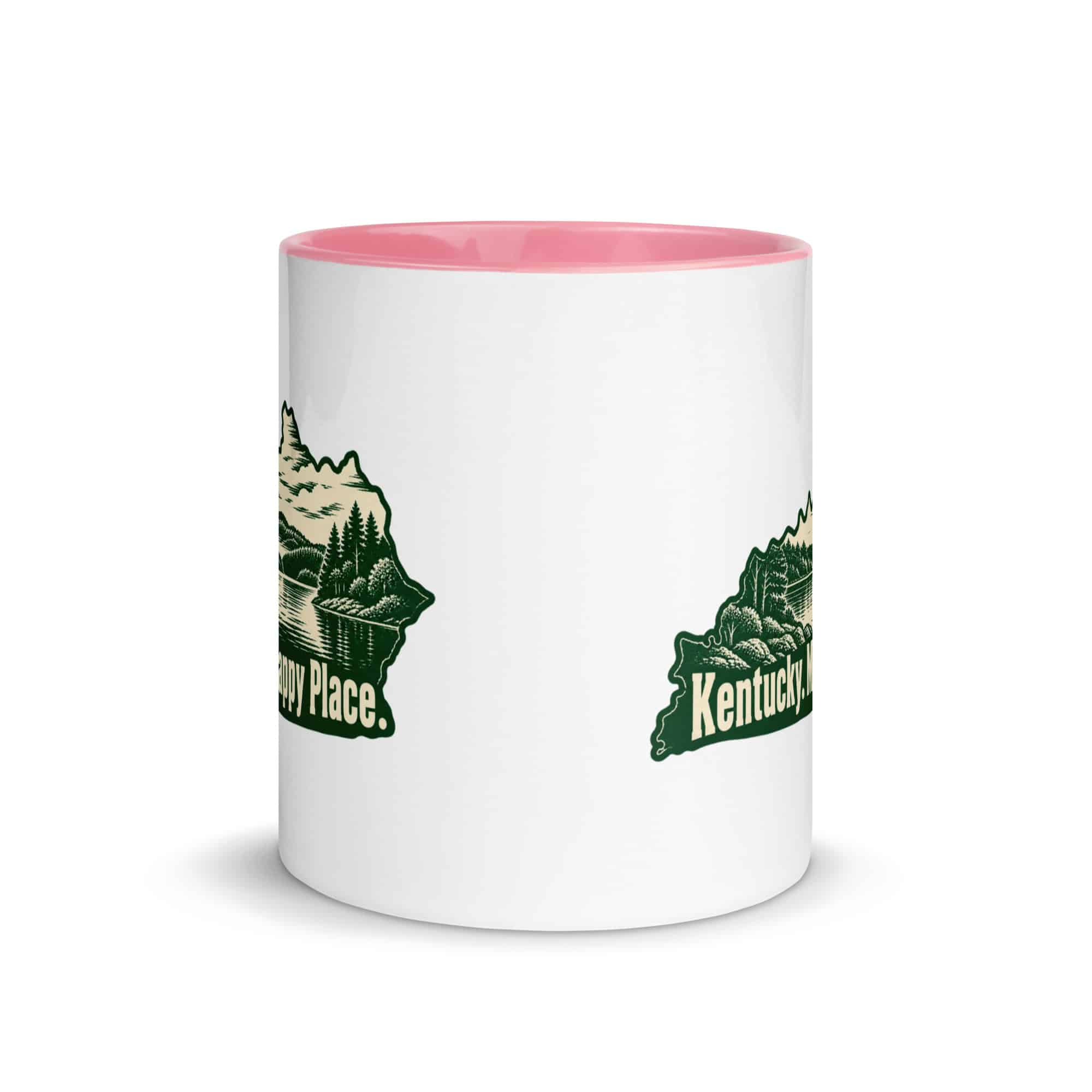 Kentucky Color Inside Coffee Mug: Lake with wooded shoreline, Woodcut Kentucky Silhouette
