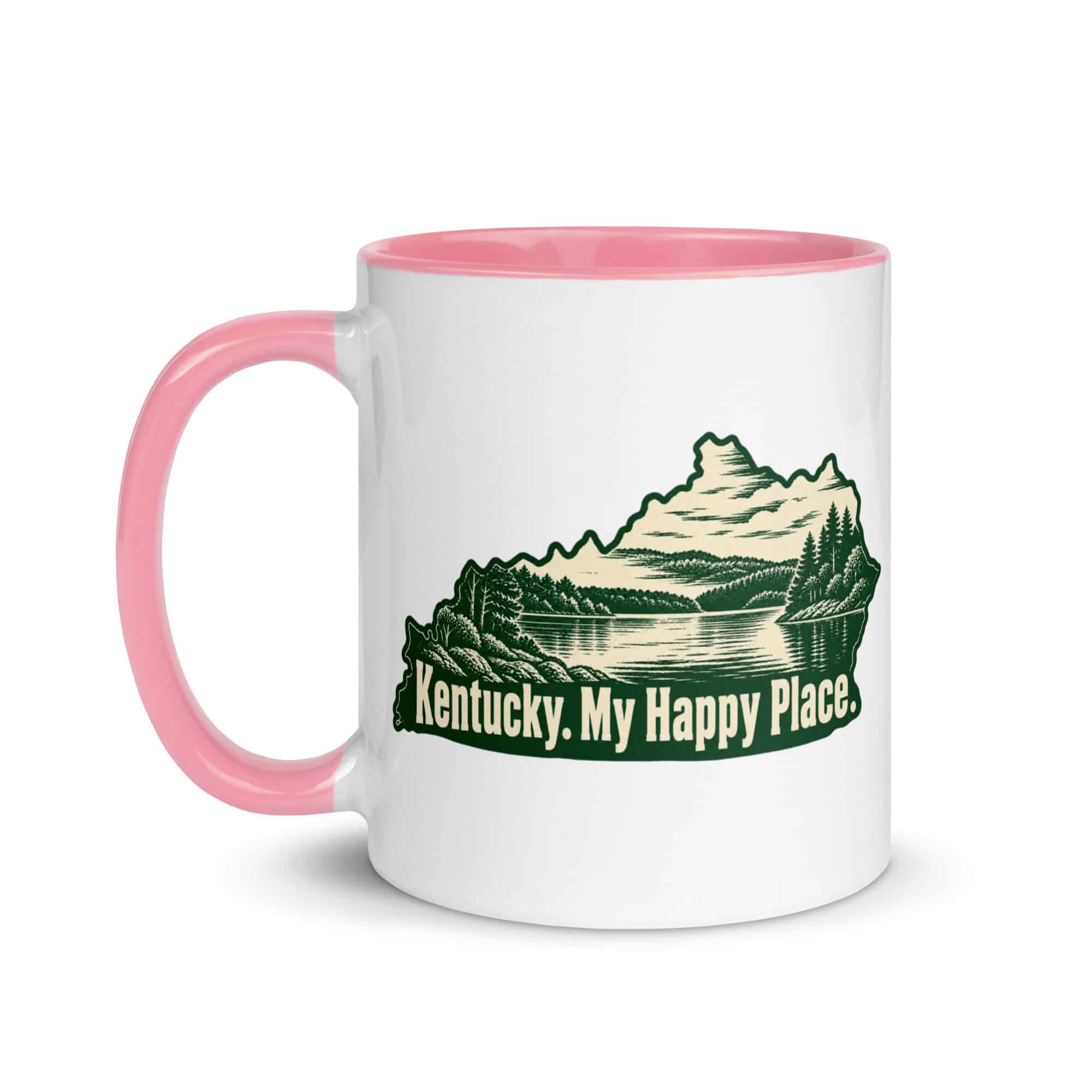 Kentucky Color Inside Coffee Mug: Lake with wooded shoreline, Woodcut Kentucky Silhouette