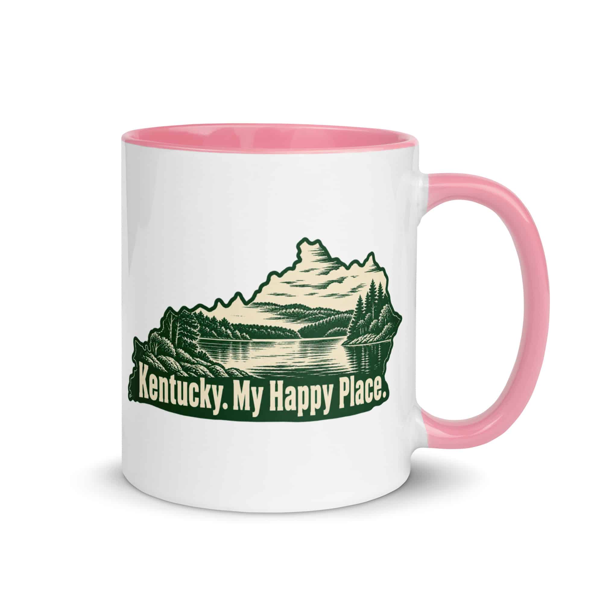 Kentucky Color Inside Coffee Mug: Lake with wooded shoreline, Woodcut Kentucky Silhouette