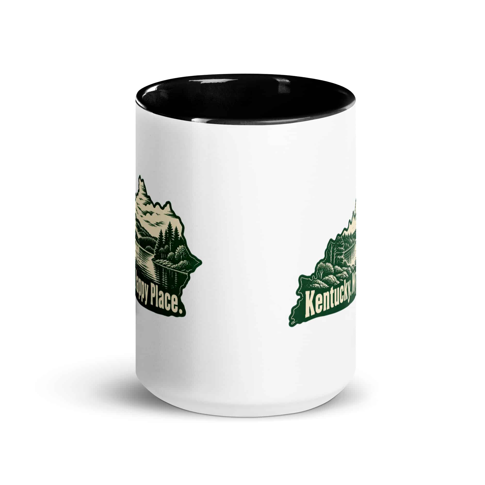 Kentucky Color Inside Coffee Mug: Lake with wooded shoreline, Woodcut Kentucky Silhouette