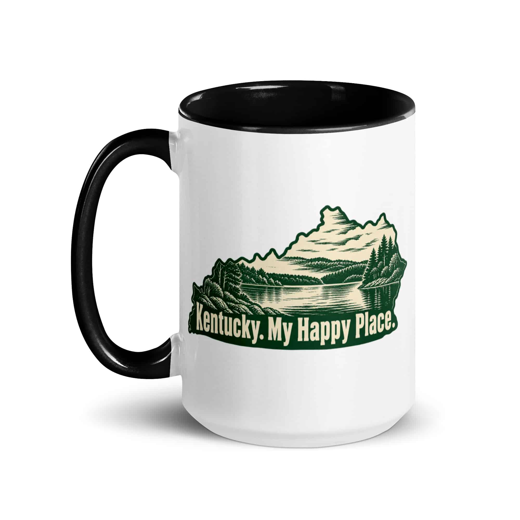 Kentucky Color Inside Coffee Mug: Lake with wooded shoreline, Woodcut Kentucky Silhouette