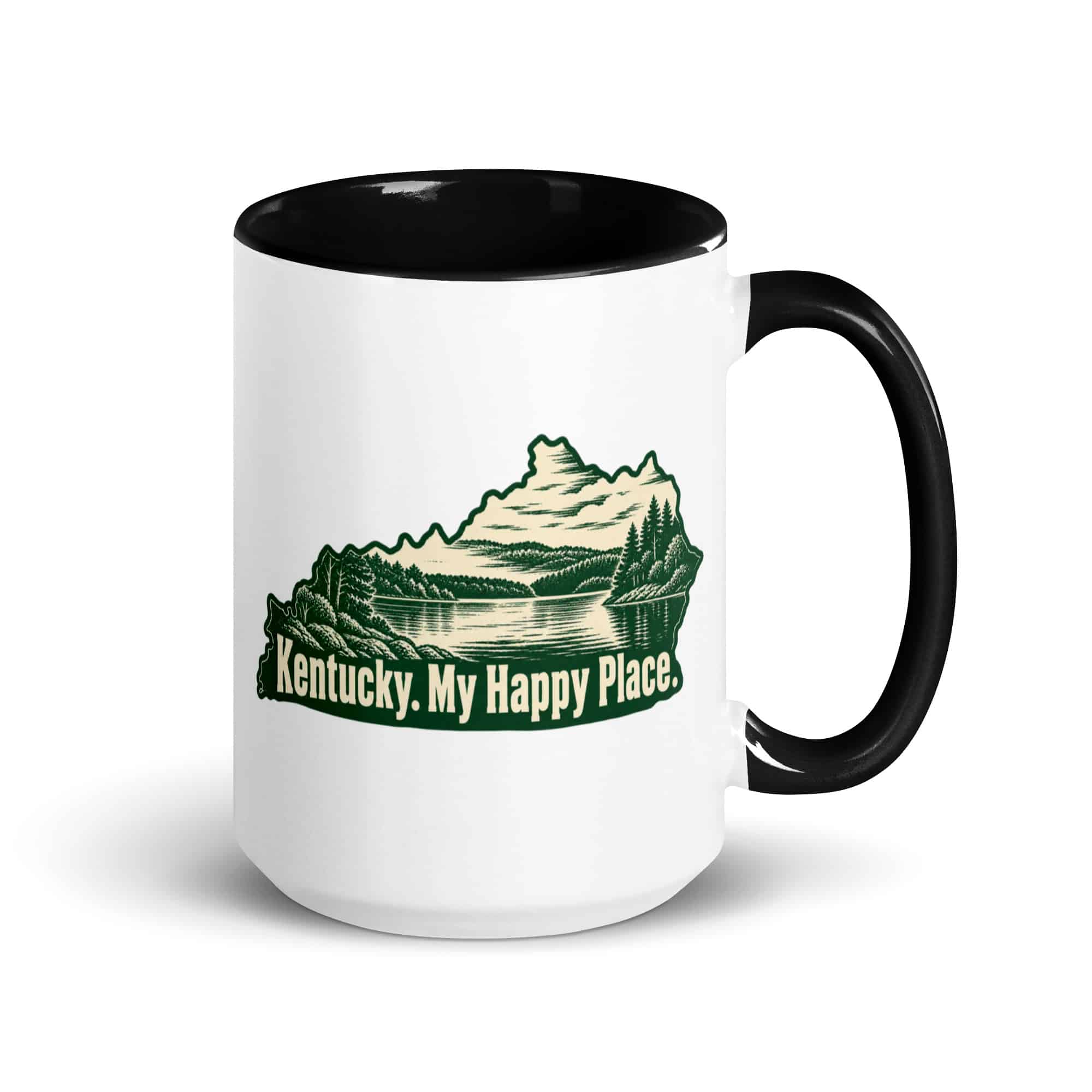 Kentucky Color Inside Coffee Mug: Lake with wooded shoreline, Woodcut Kentucky Silhouette