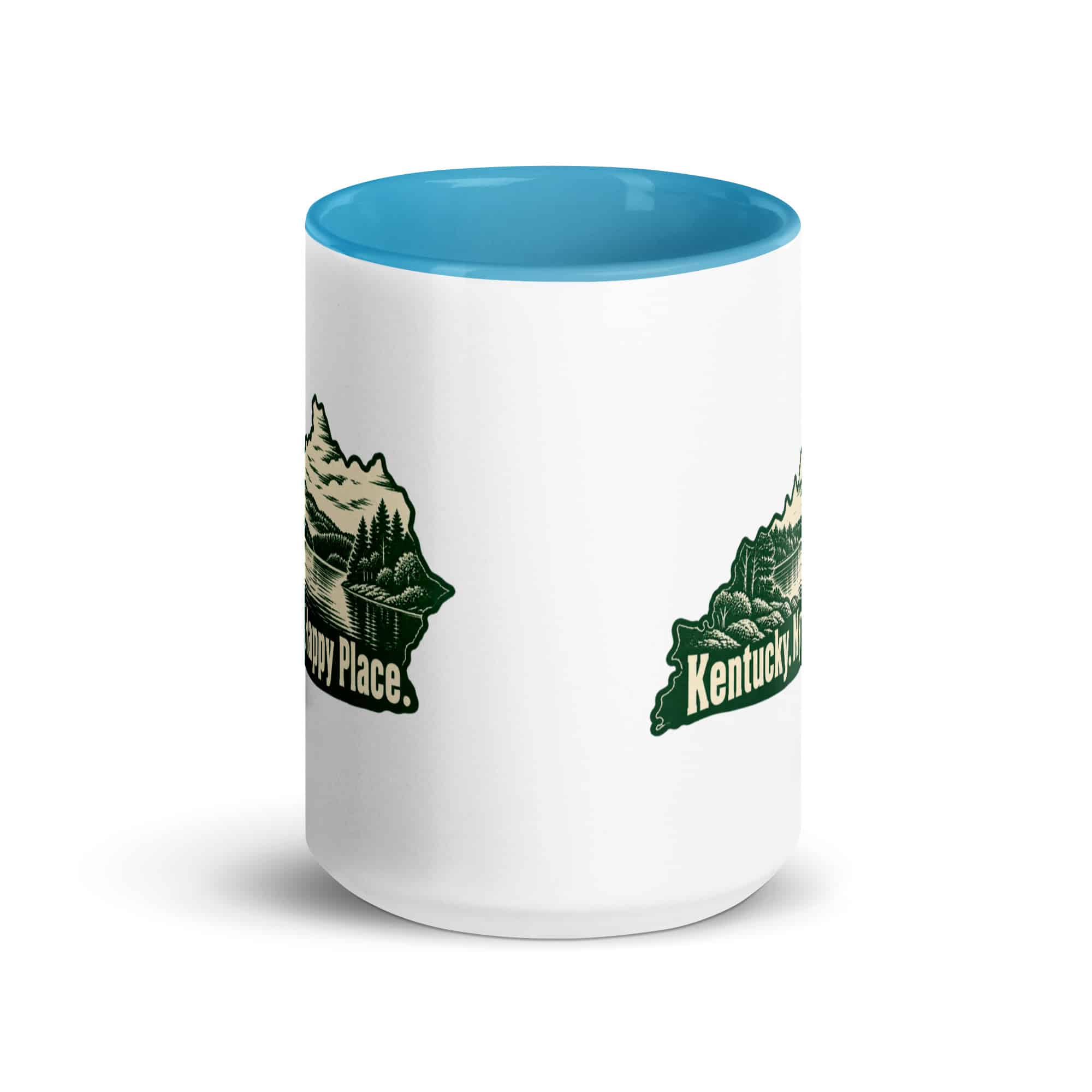 Kentucky Color Inside Coffee Mug: Lake with wooded shoreline, Woodcut Kentucky Silhouette
