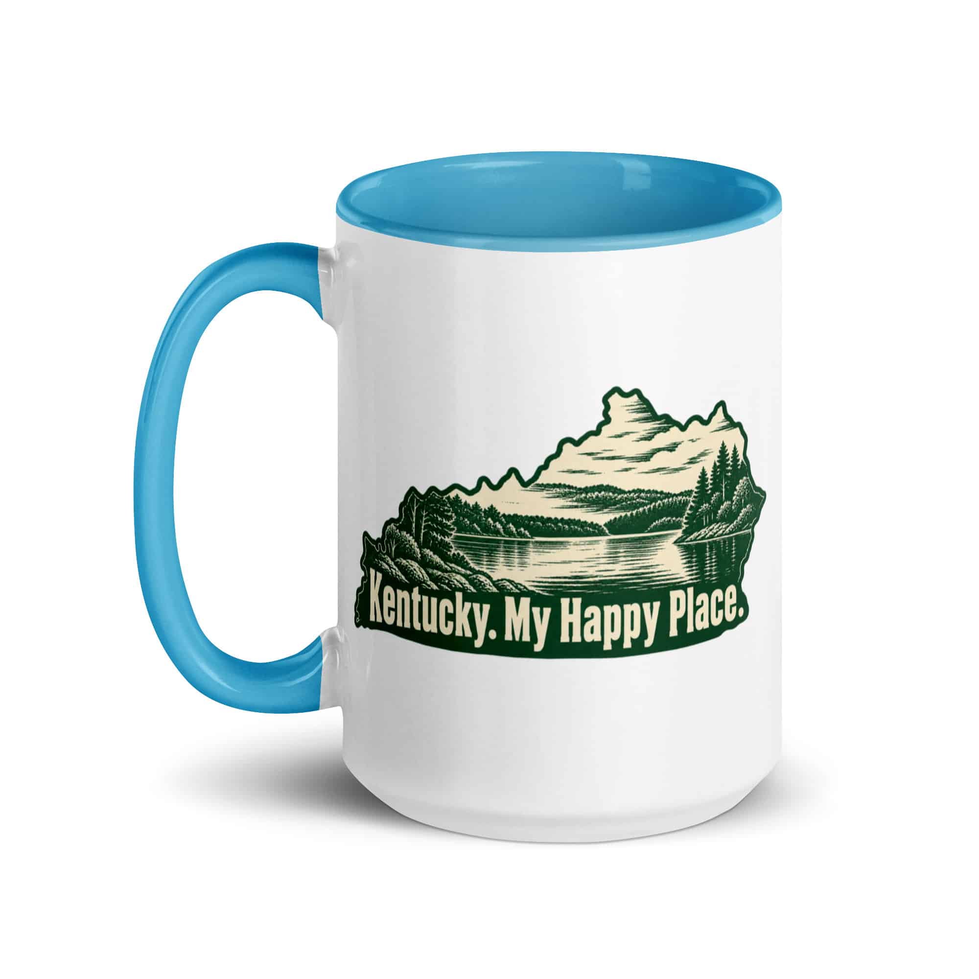 Kentucky Color Inside Coffee Mug: Lake with wooded shoreline, Woodcut Kentucky Silhouette