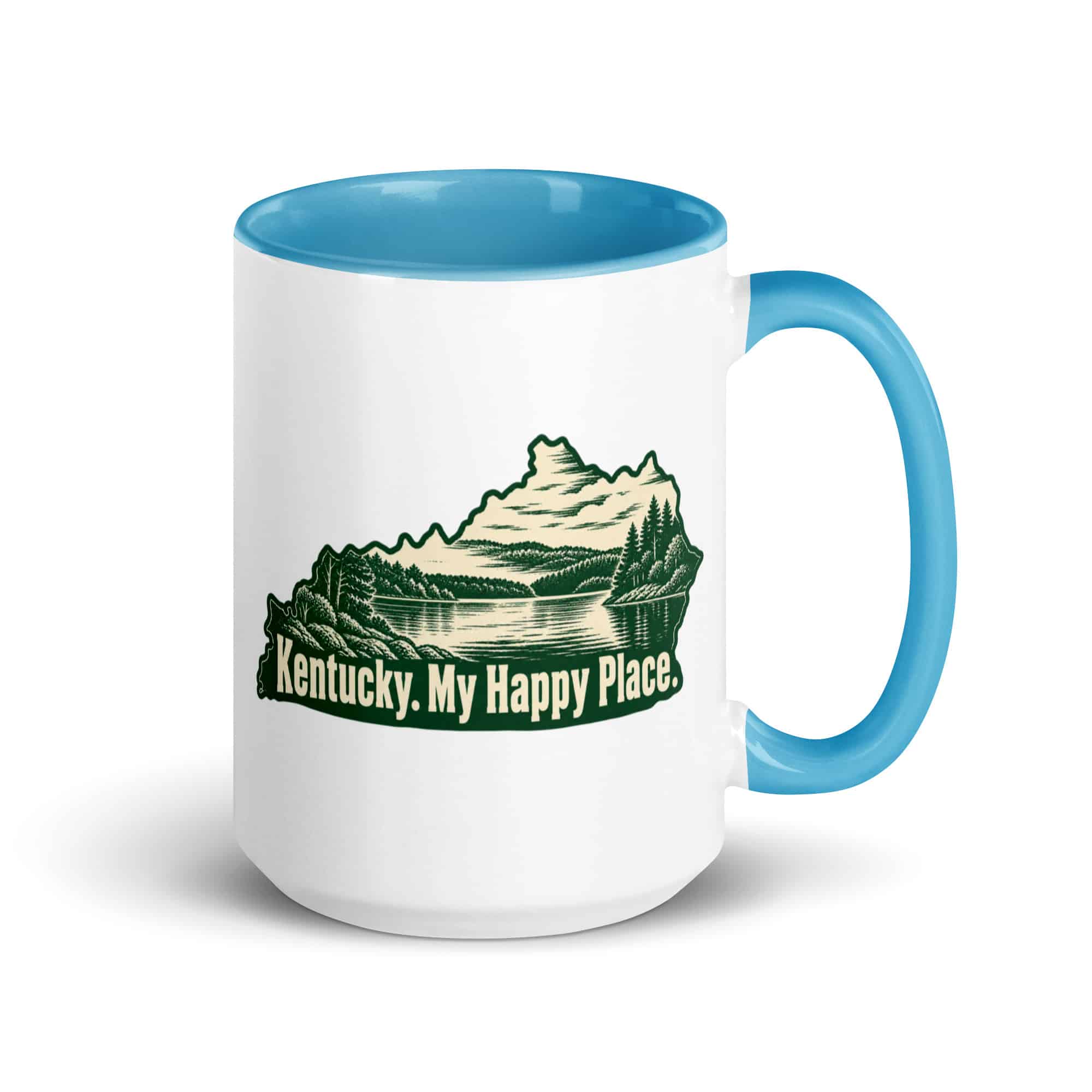 Kentucky Color Inside Coffee Mug: Lake with wooded shoreline, Woodcut Kentucky Silhouette
