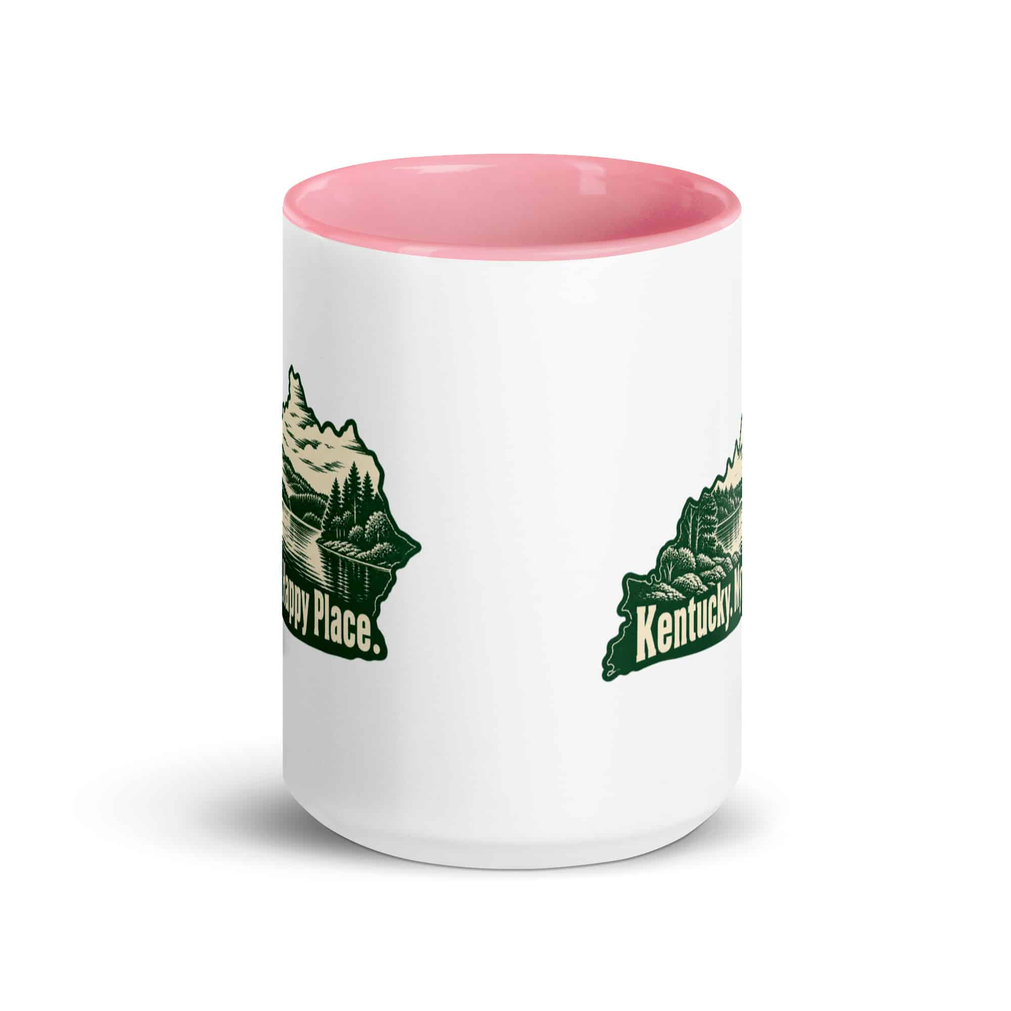 Kentucky Color Inside Coffee Mug: Lake with wooded shoreline, Woodcut Kentucky Silhouette