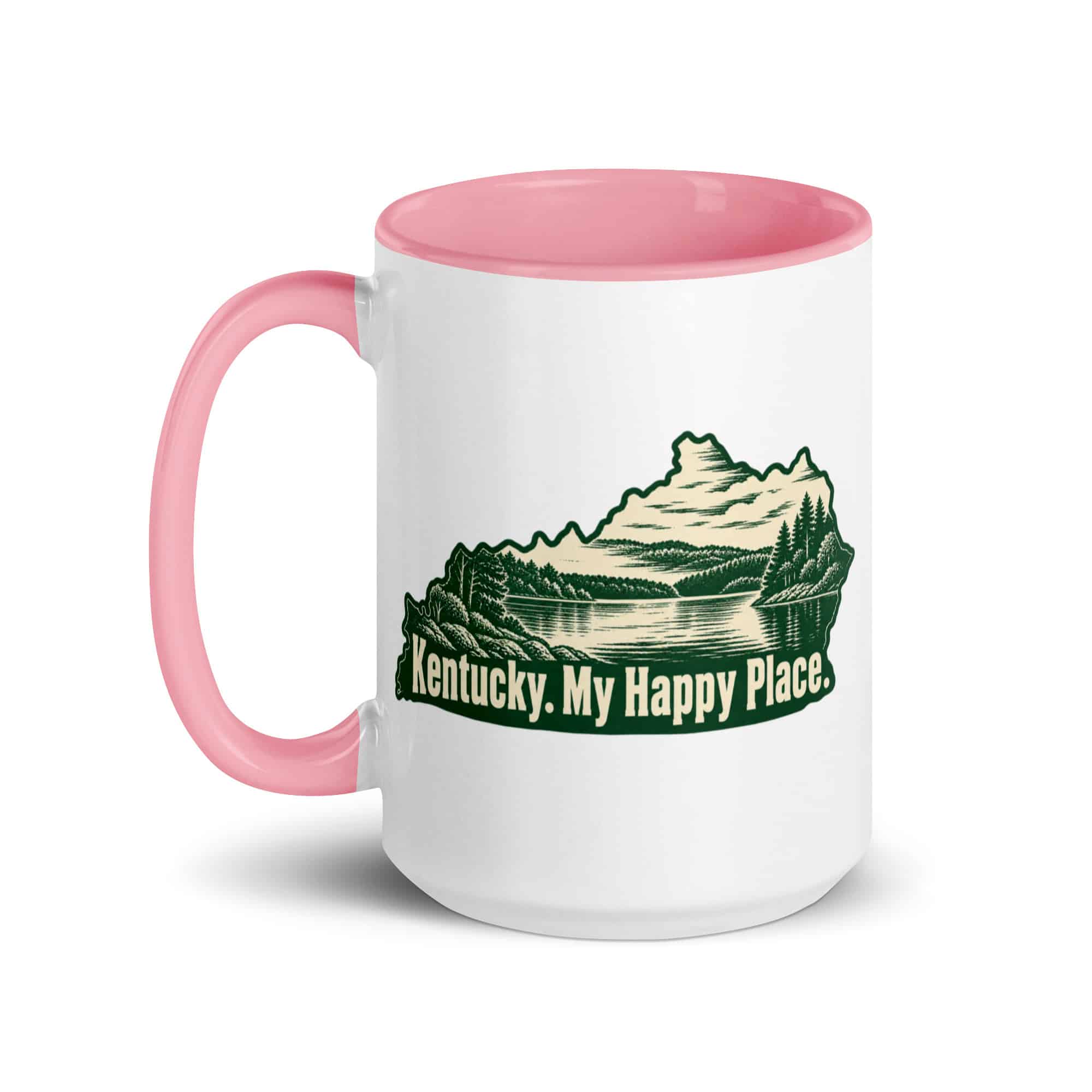 Kentucky Color Inside Coffee Mug: Lake with wooded shoreline, Woodcut Kentucky Silhouette