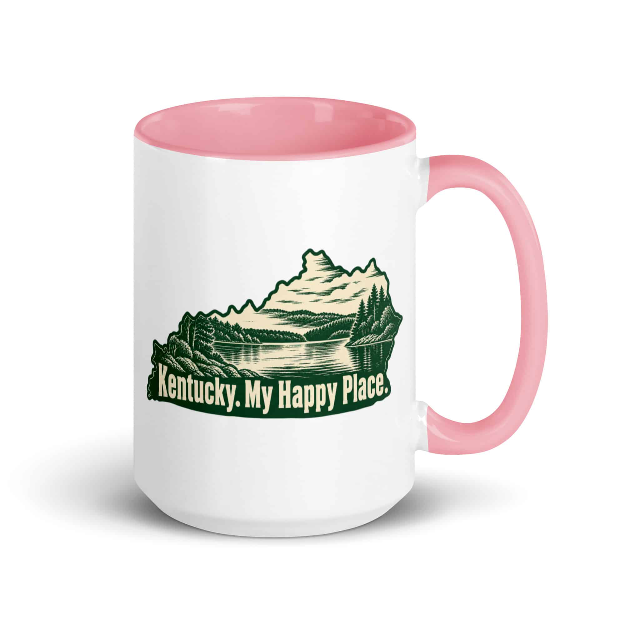 Kentucky Color Inside Coffee Mug: Lake with wooded shoreline, Woodcut Kentucky Silhouette