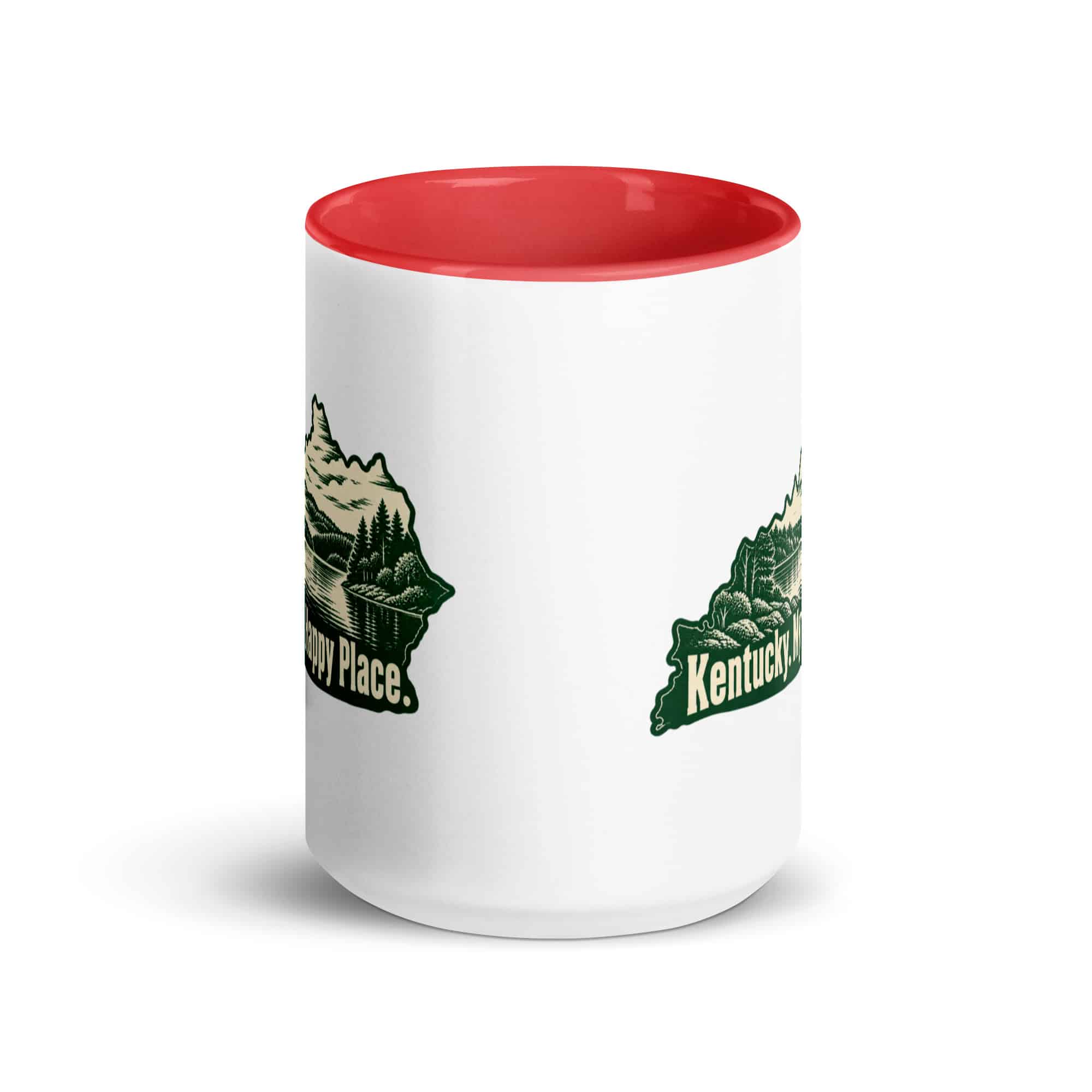Kentucky Color Inside Coffee Mug: Lake with wooded shoreline, Woodcut Kentucky Silhouette