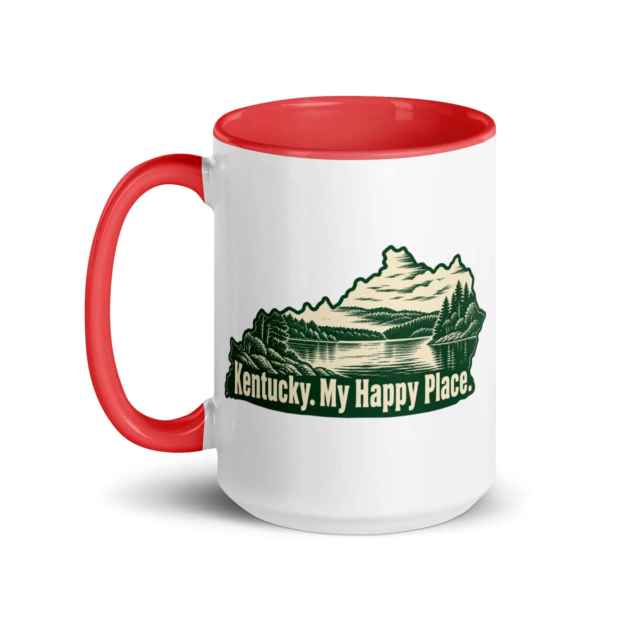 Kentucky Color Inside Coffee Mug: Lake with wooded shoreline, Woodcut Kentucky Silhouette
