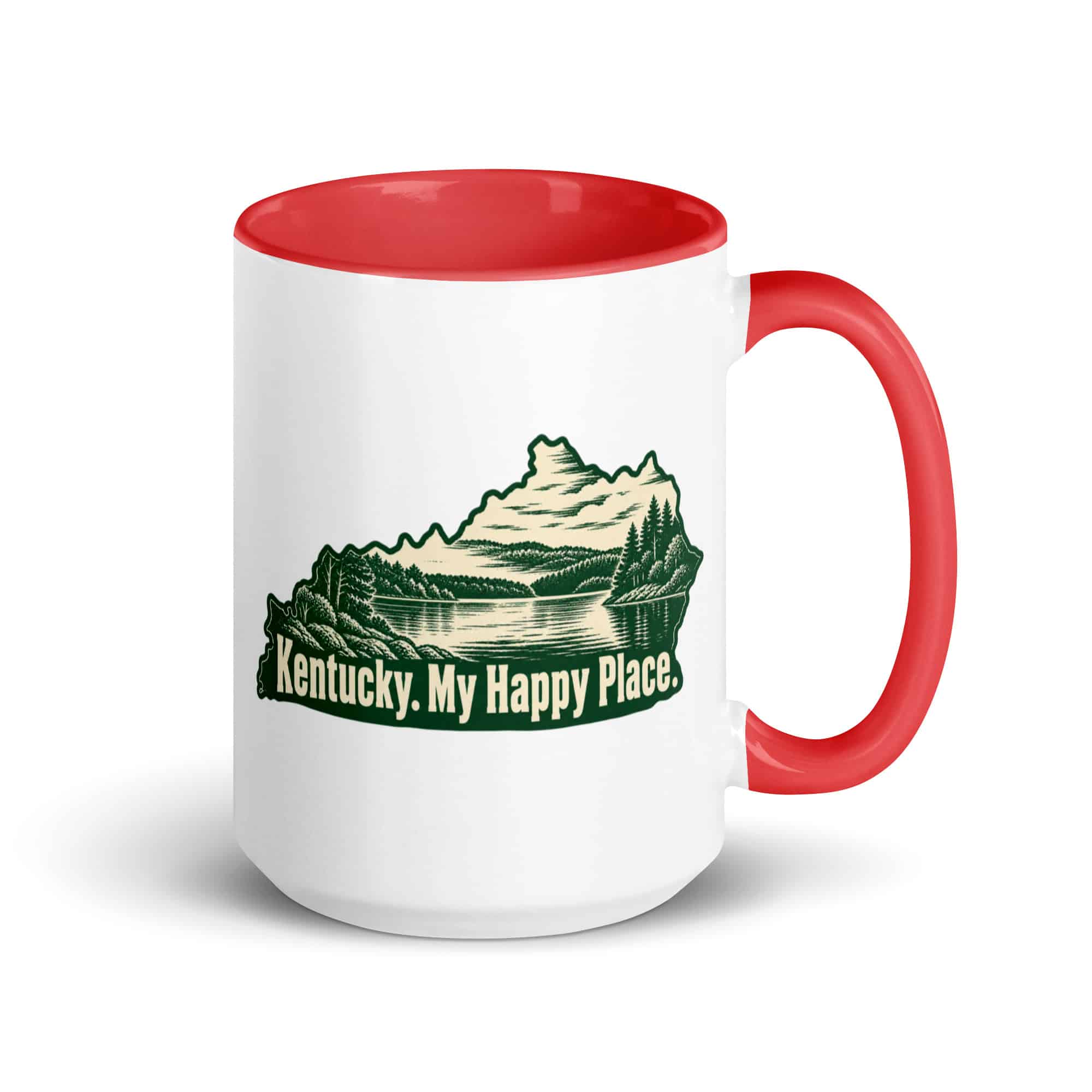 Kentucky Color Inside Coffee Mug: Lake with wooded shoreline, Woodcut Kentucky Silhouette