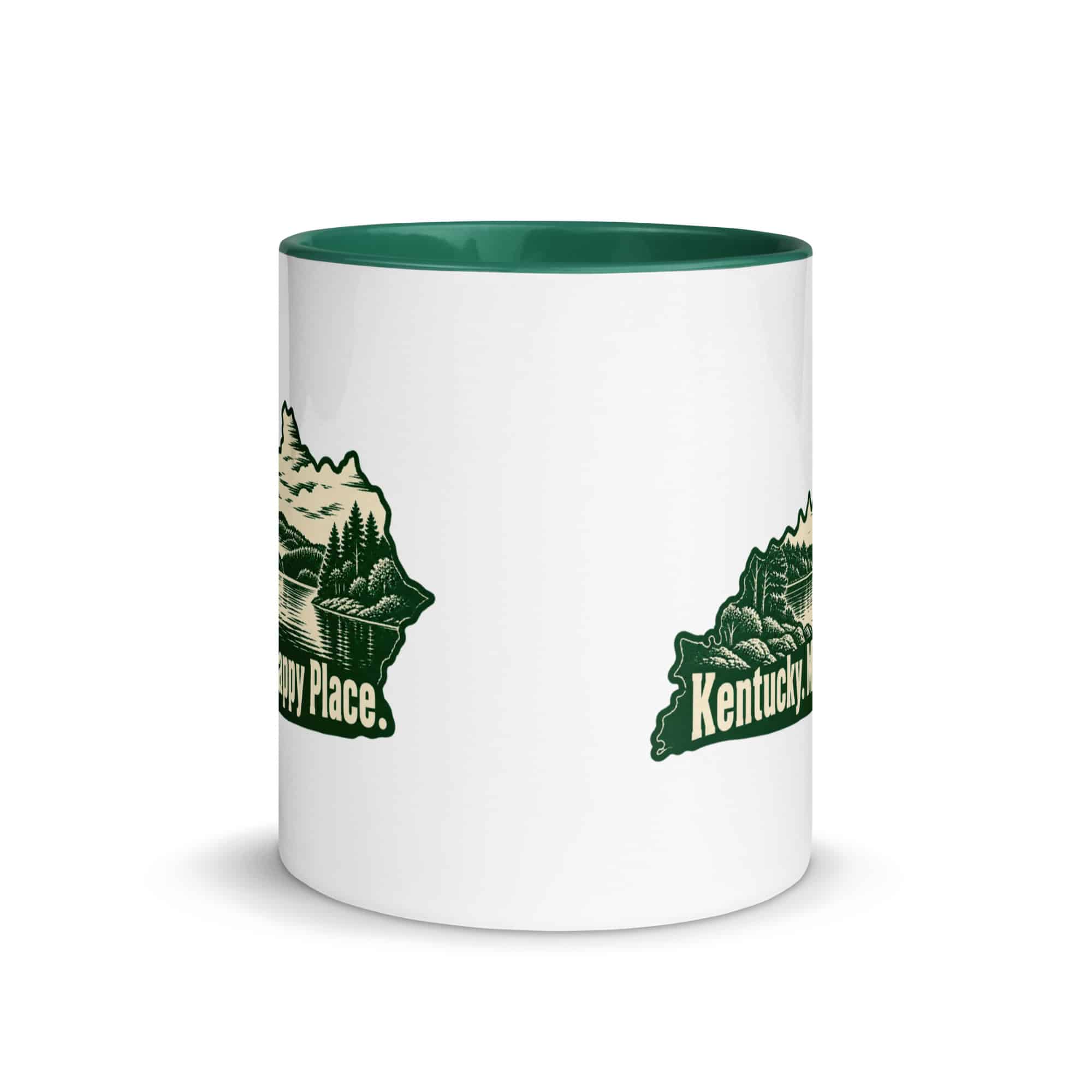 Kentucky Color Inside Coffee Mug: Lake with wooded shoreline, Woodcut Kentucky Silhouette