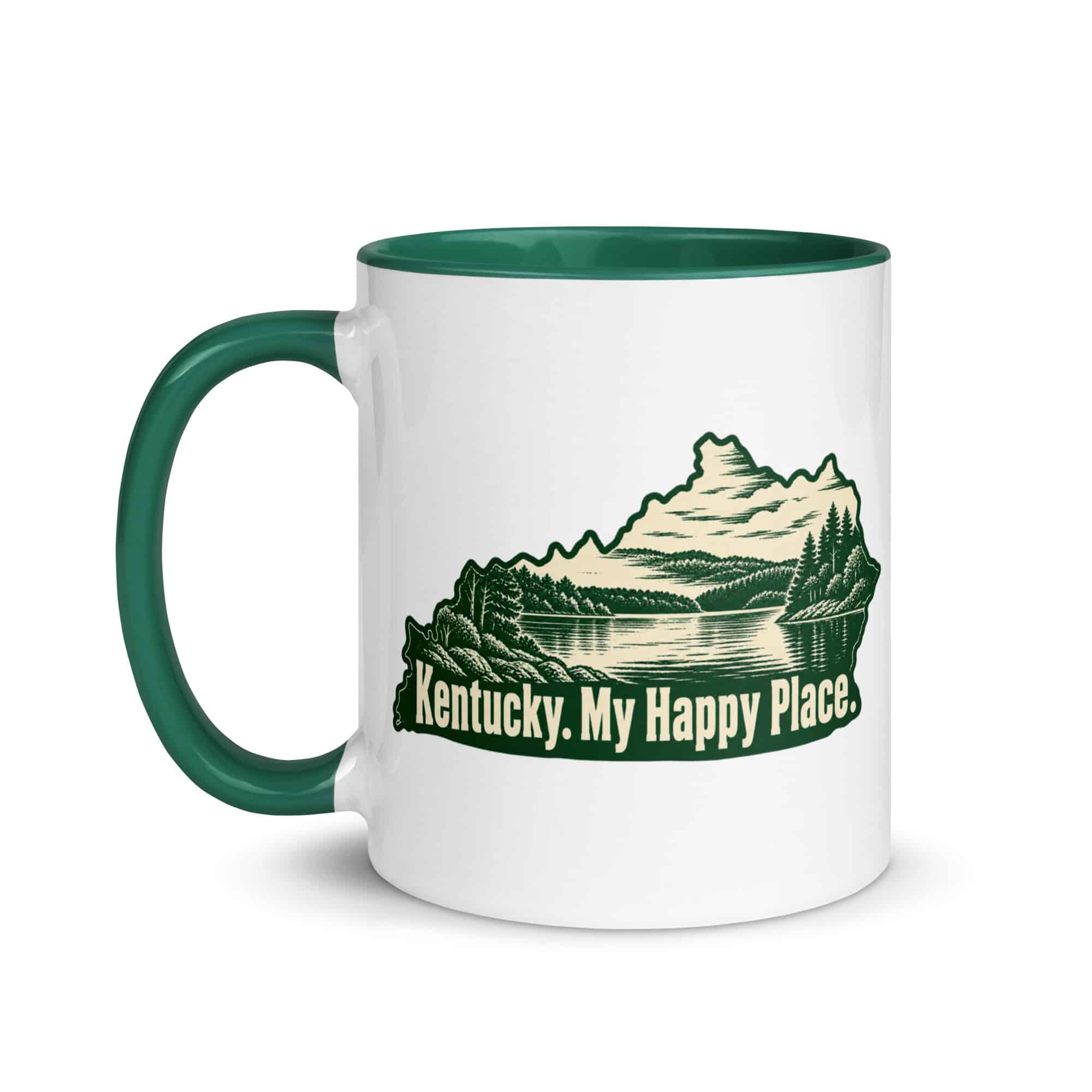 Kentucky Color Inside Coffee Mug: Lake with wooded shoreline, Woodcut Kentucky Silhouette