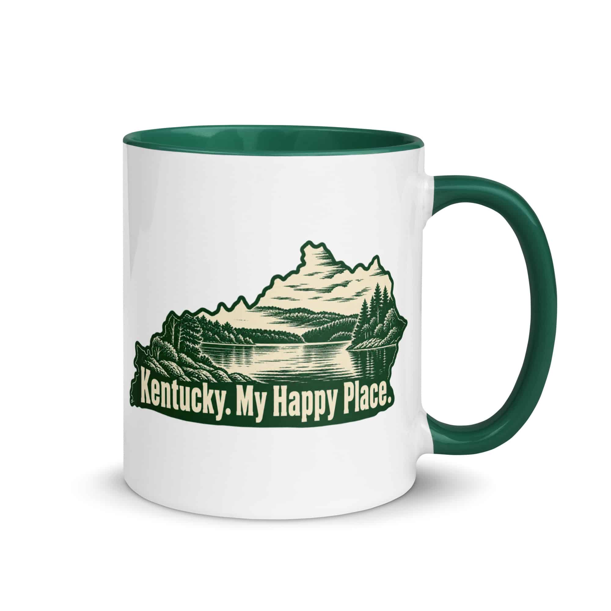 Kentucky Color Inside Coffee Mug: Lake with wooded shoreline, Woodcut Kentucky Silhouette