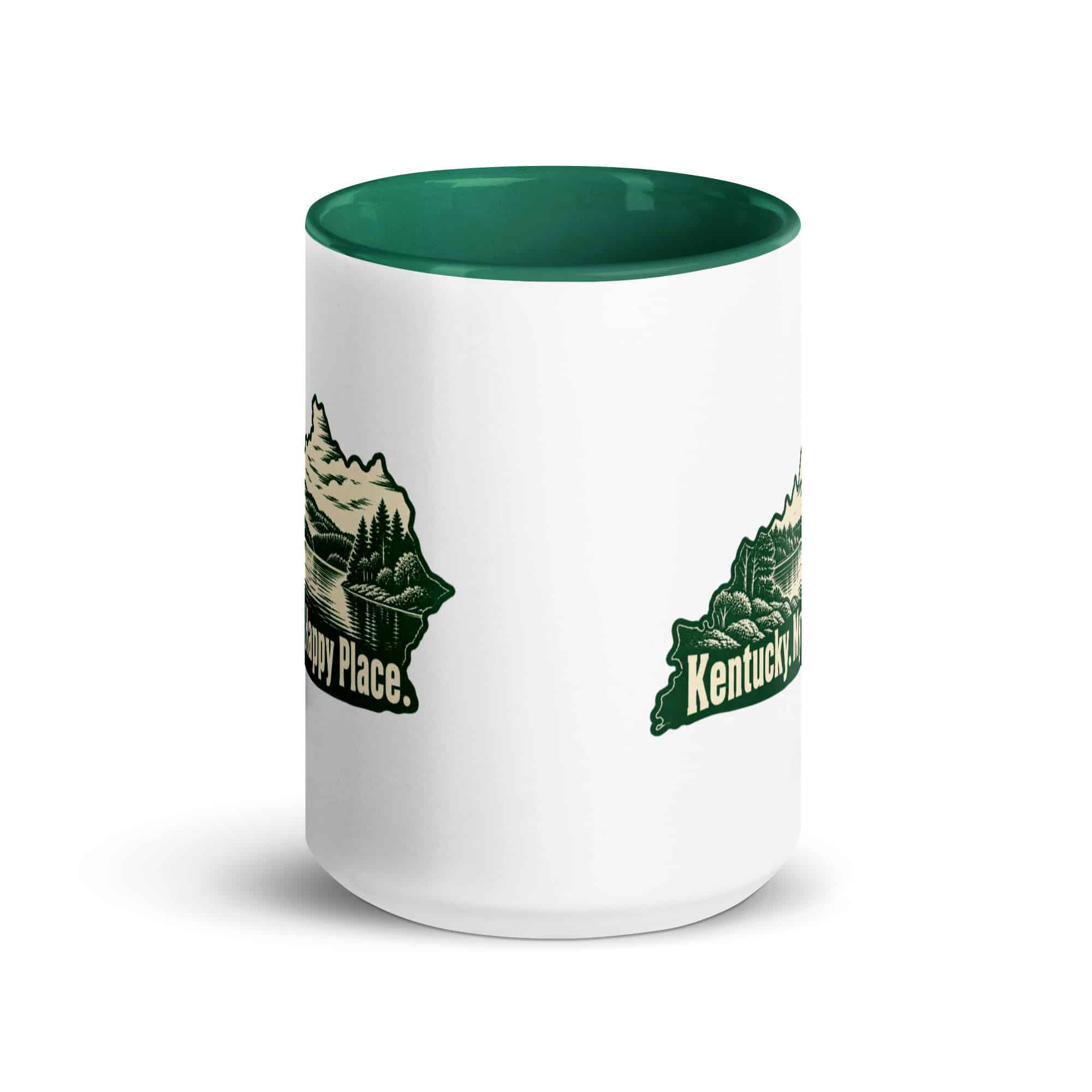 Kentucky Color Inside Coffee Mug: Lake with wooded shoreline, Woodcut Kentucky Silhouette