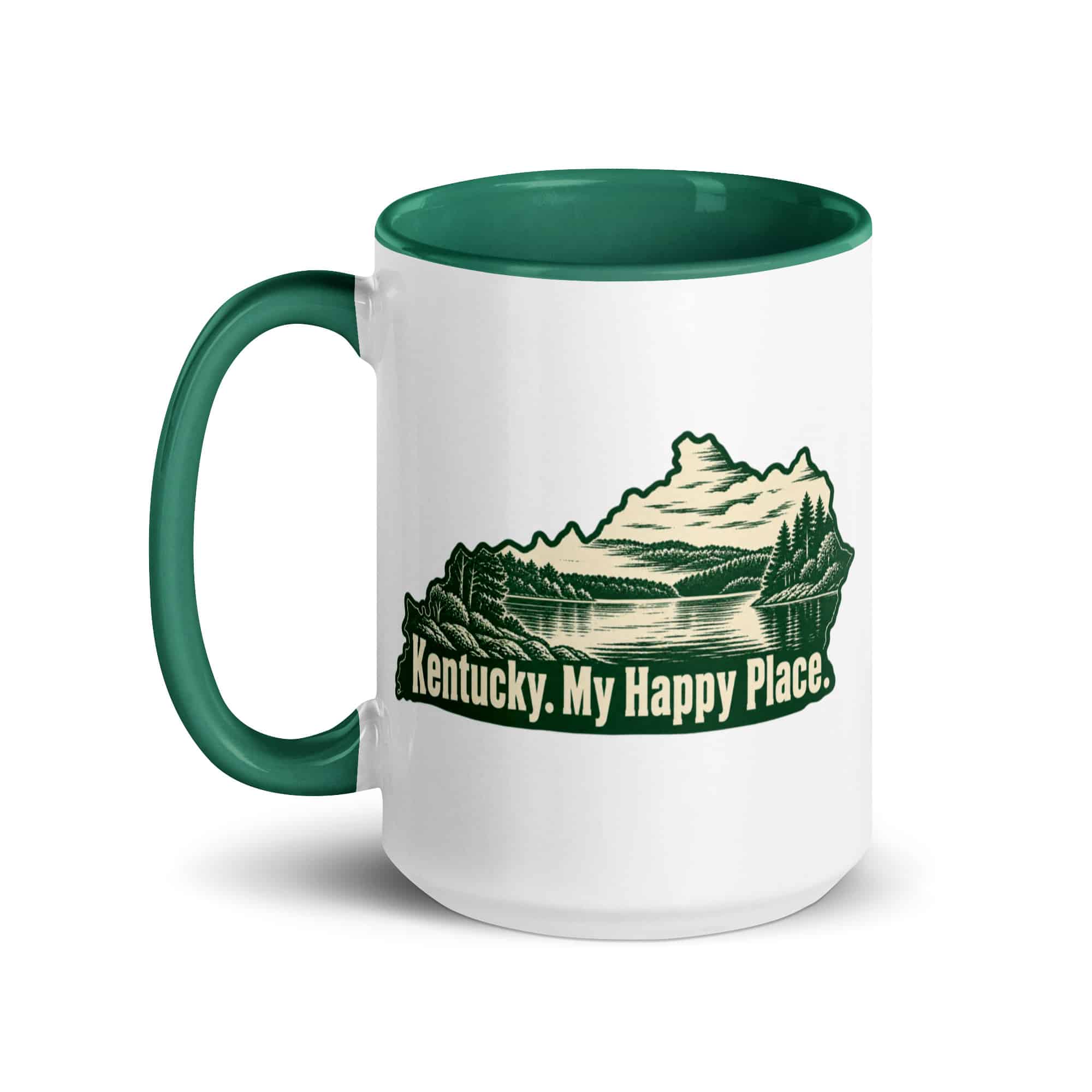 Kentucky Color Inside Coffee Mug: Lake with wooded shoreline, Woodcut Kentucky Silhouette