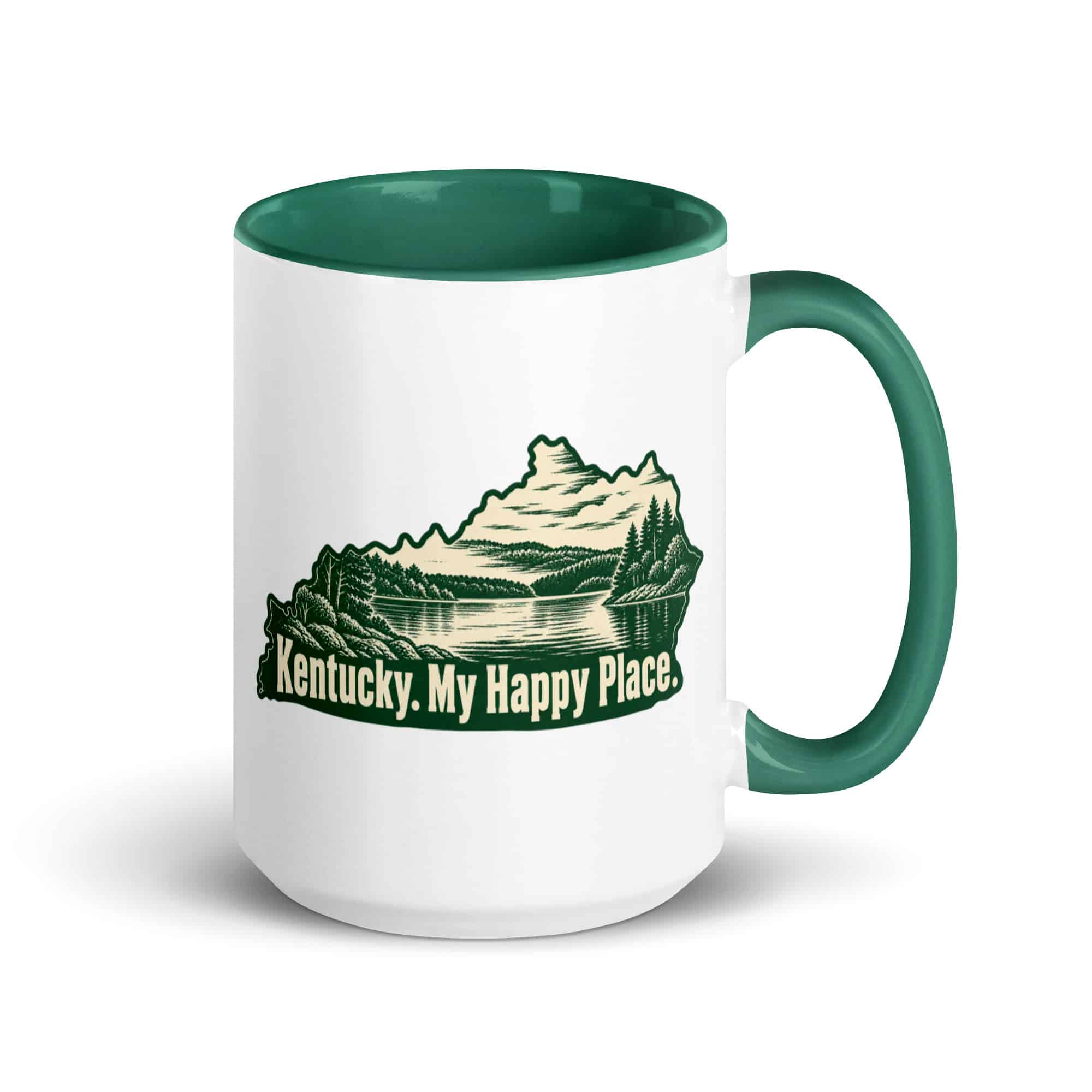 Kentucky Color Inside Coffee Mug: Lake with wooded shoreline, Woodcut Kentucky Silhouette