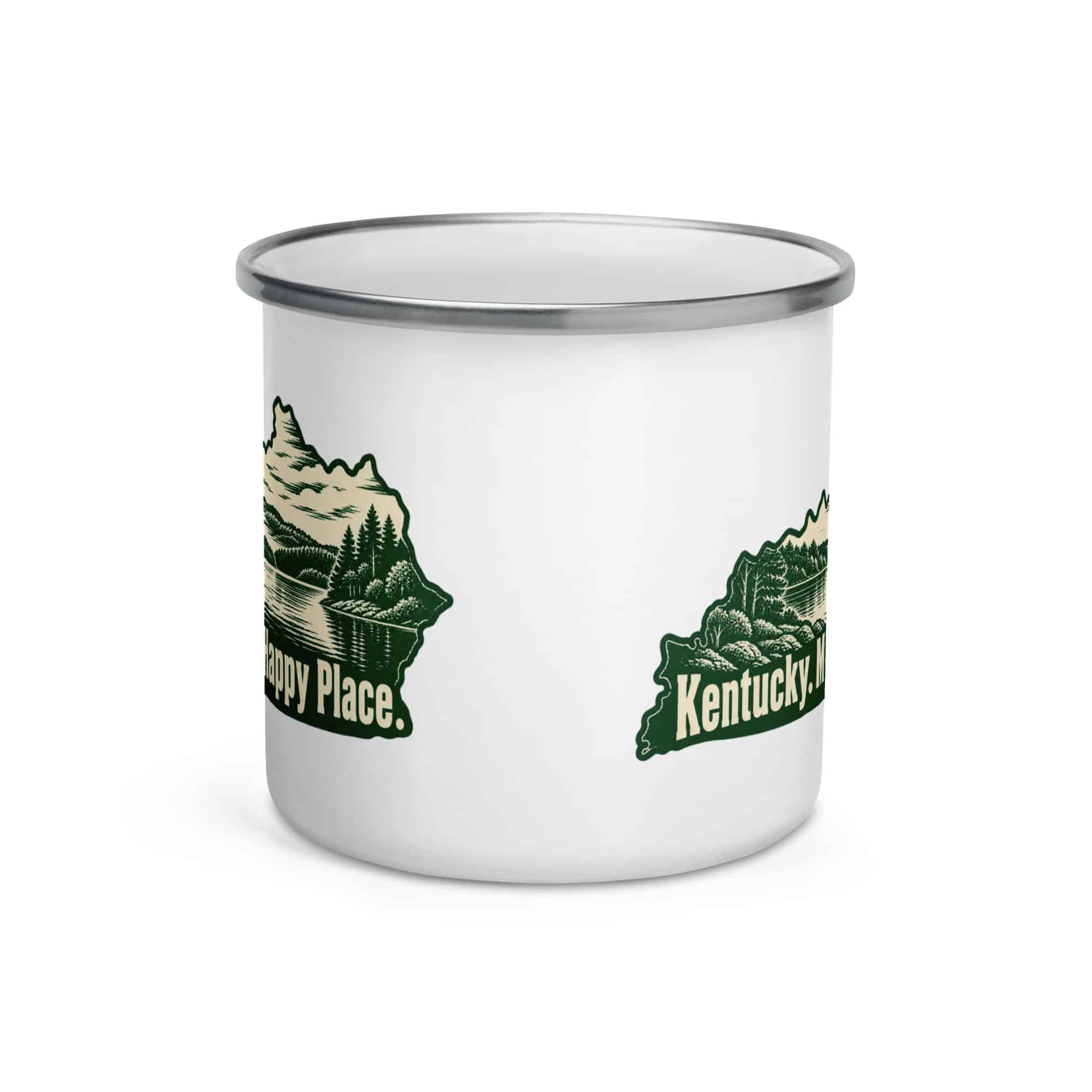 Kentucky Enamel Camp Mug: Lake with wooded shoreline, Woodcut Kentucky Silhouette