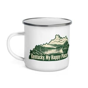 Kentucky Enamel Camp Mug: Lake with wooded shoreline, Woodcut Kentucky Silhouette - 12 oz - Left