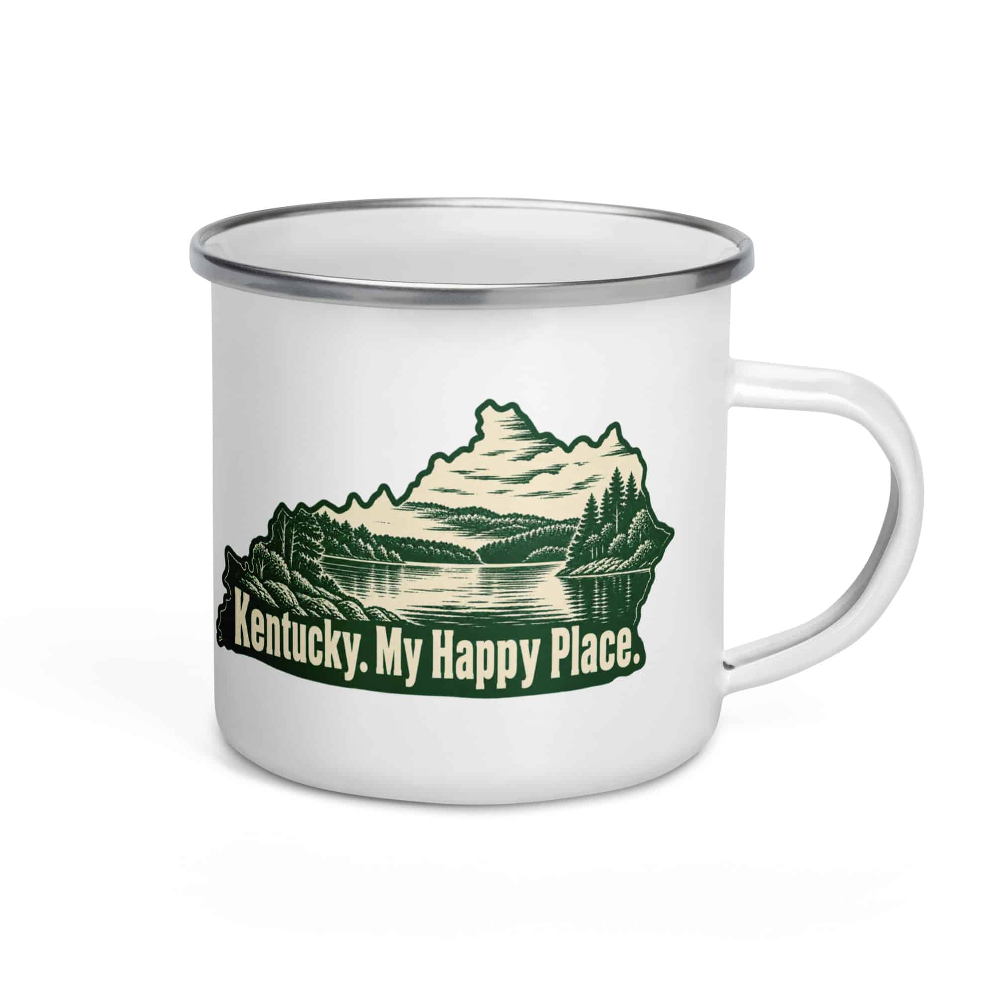 Kentucky Enamel Camp Mug: Lake with wooded shoreline, Woodcut Kentucky Silhouette