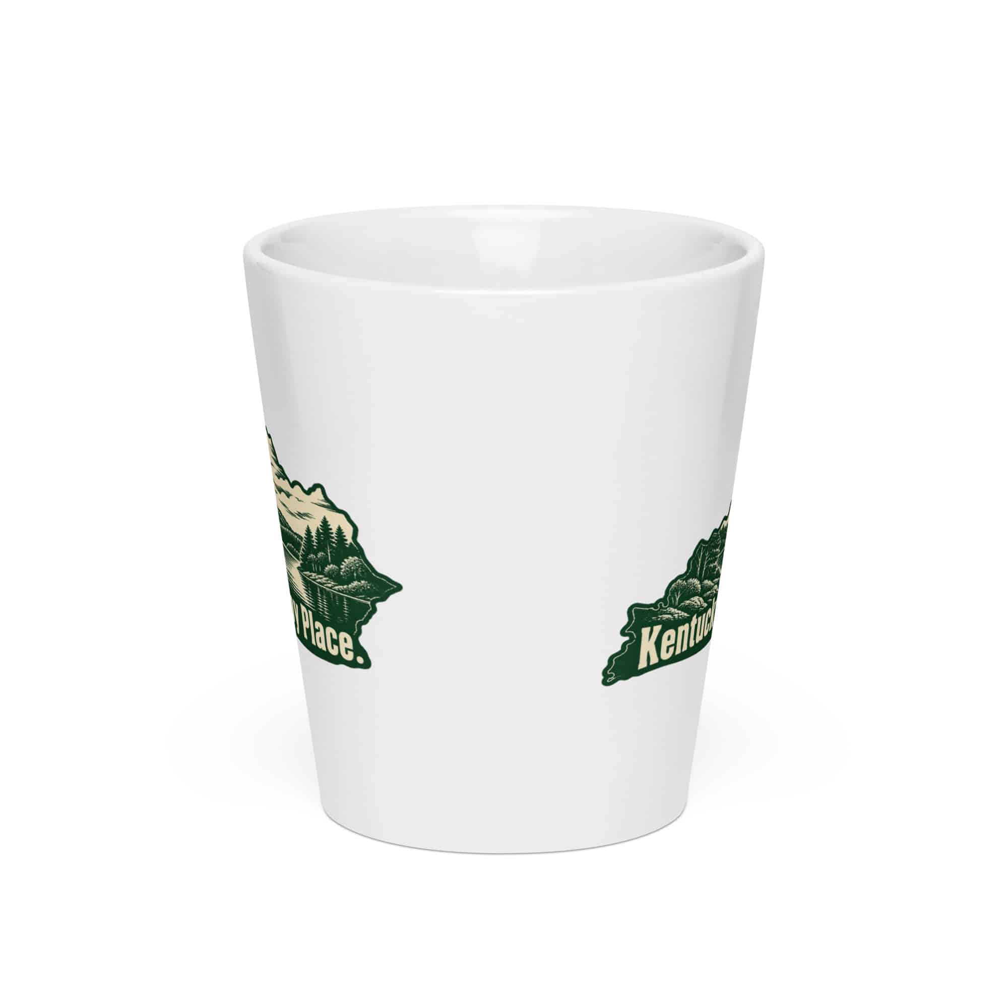Kentucky Latte Mug: Lake with wooded shoreline, Woodcut Kentucky Silhouette