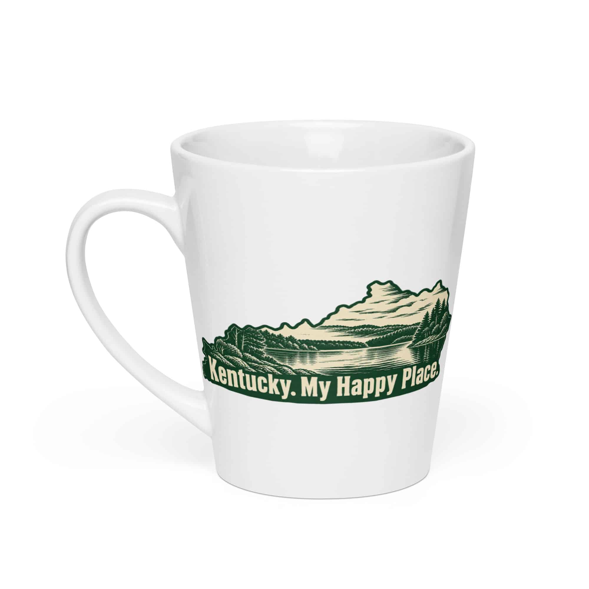 Kentucky Latte Mug: Lake with wooded shoreline, Woodcut Kentucky Silhouette