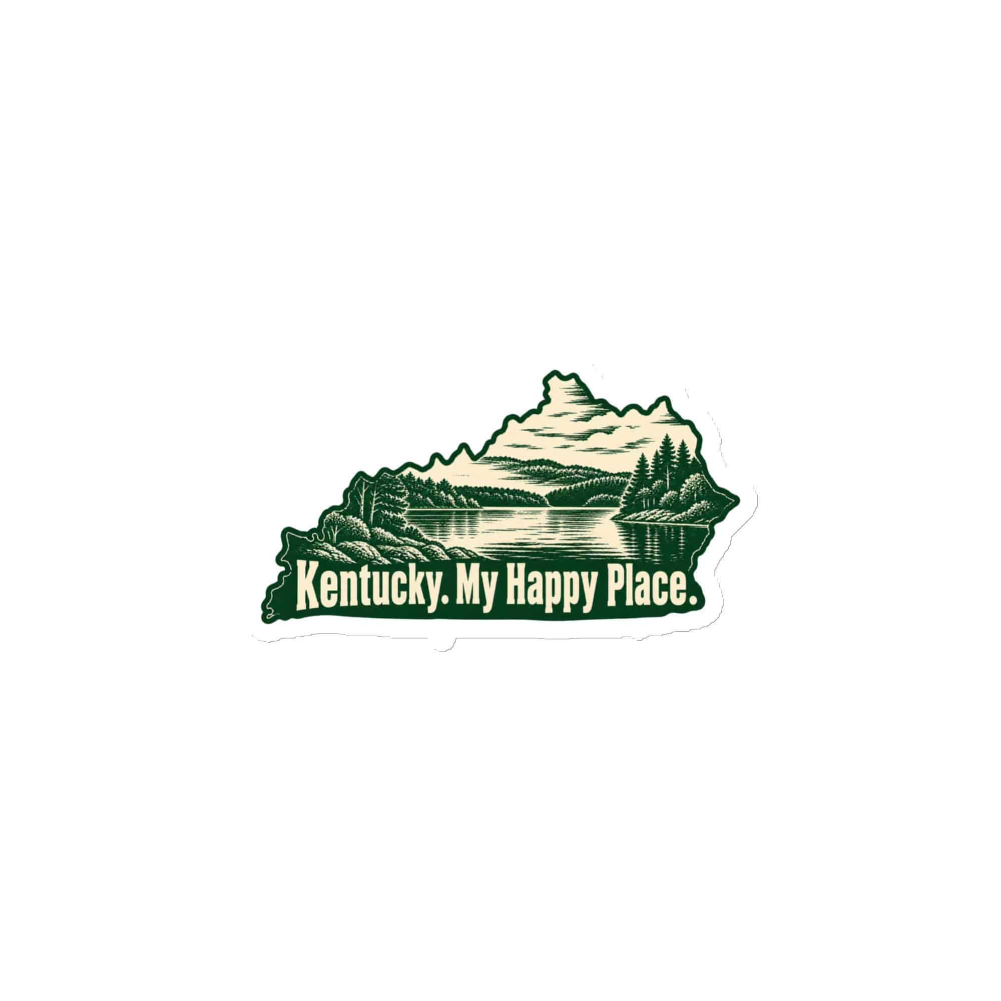 Kentucky Die-Cut Magnet: Lake with wooded shoreline, Woodcut Kentucky Silhouette