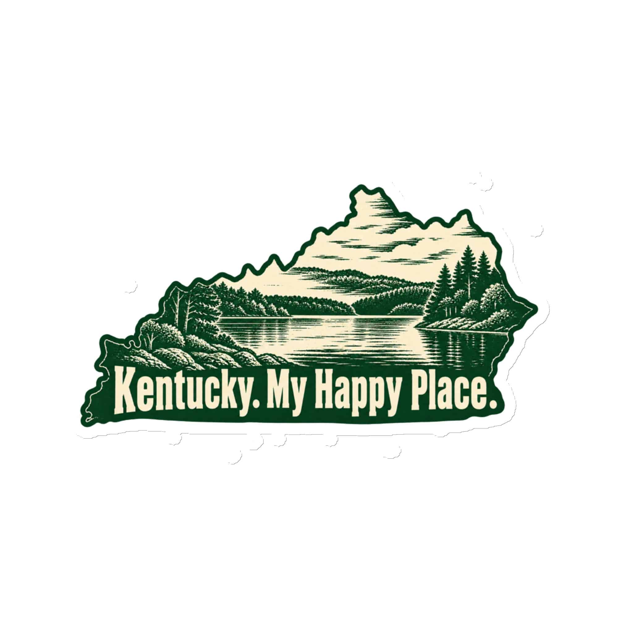 Kentucky Die-Cut Magnet: Lake with wooded shoreline, Woodcut Kentucky Silhouette