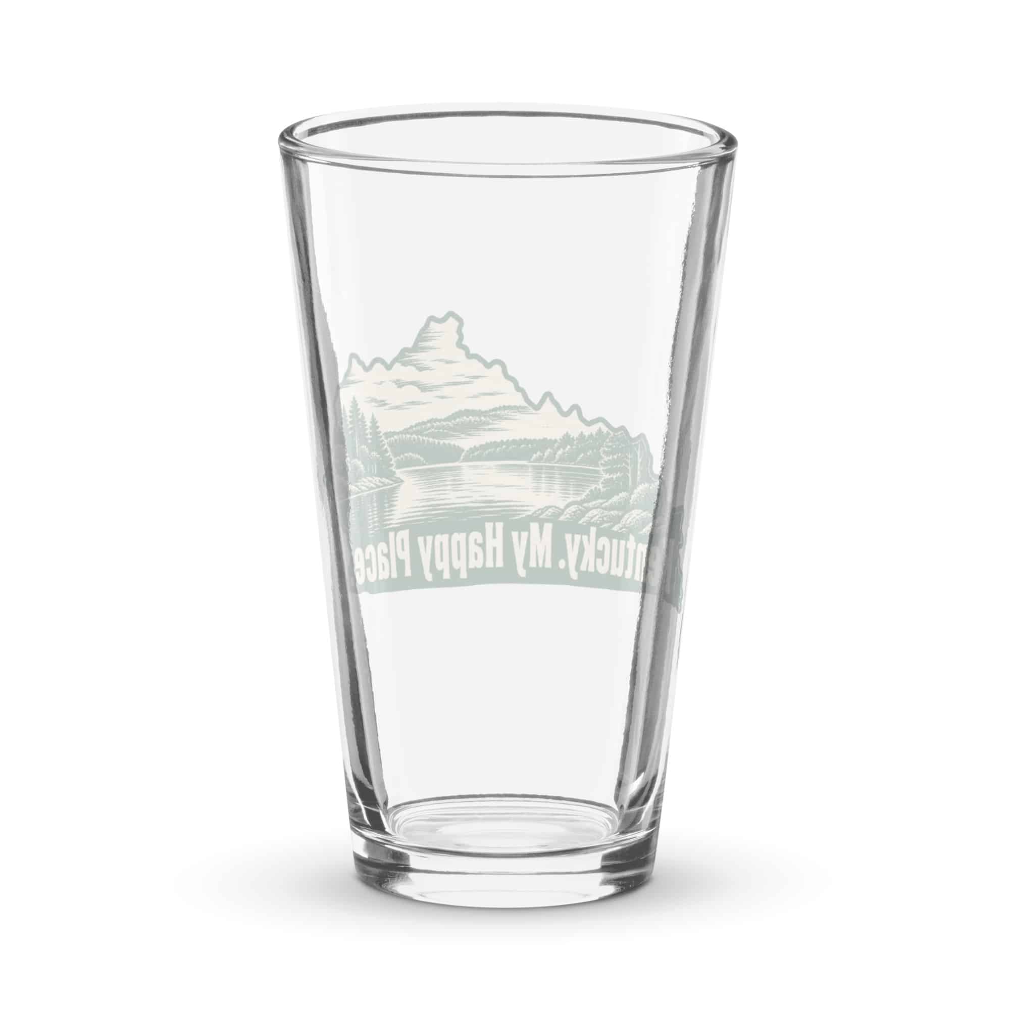 Kentucky Pint Glass: Lake with wooded shoreline, Woodcut Kentucky Silhouette