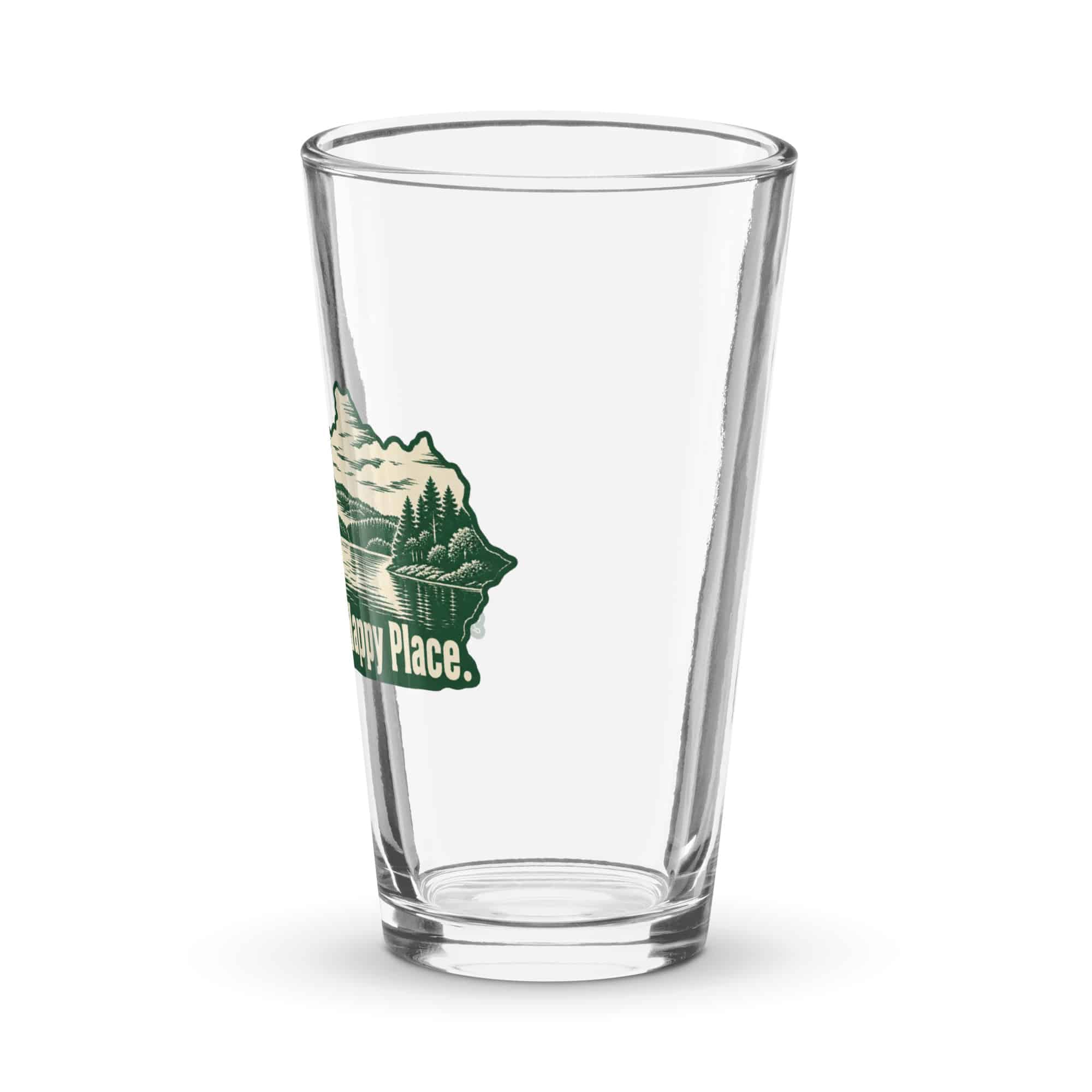 Kentucky Pint Glass: Lake with wooded shoreline, Woodcut Kentucky Silhouette