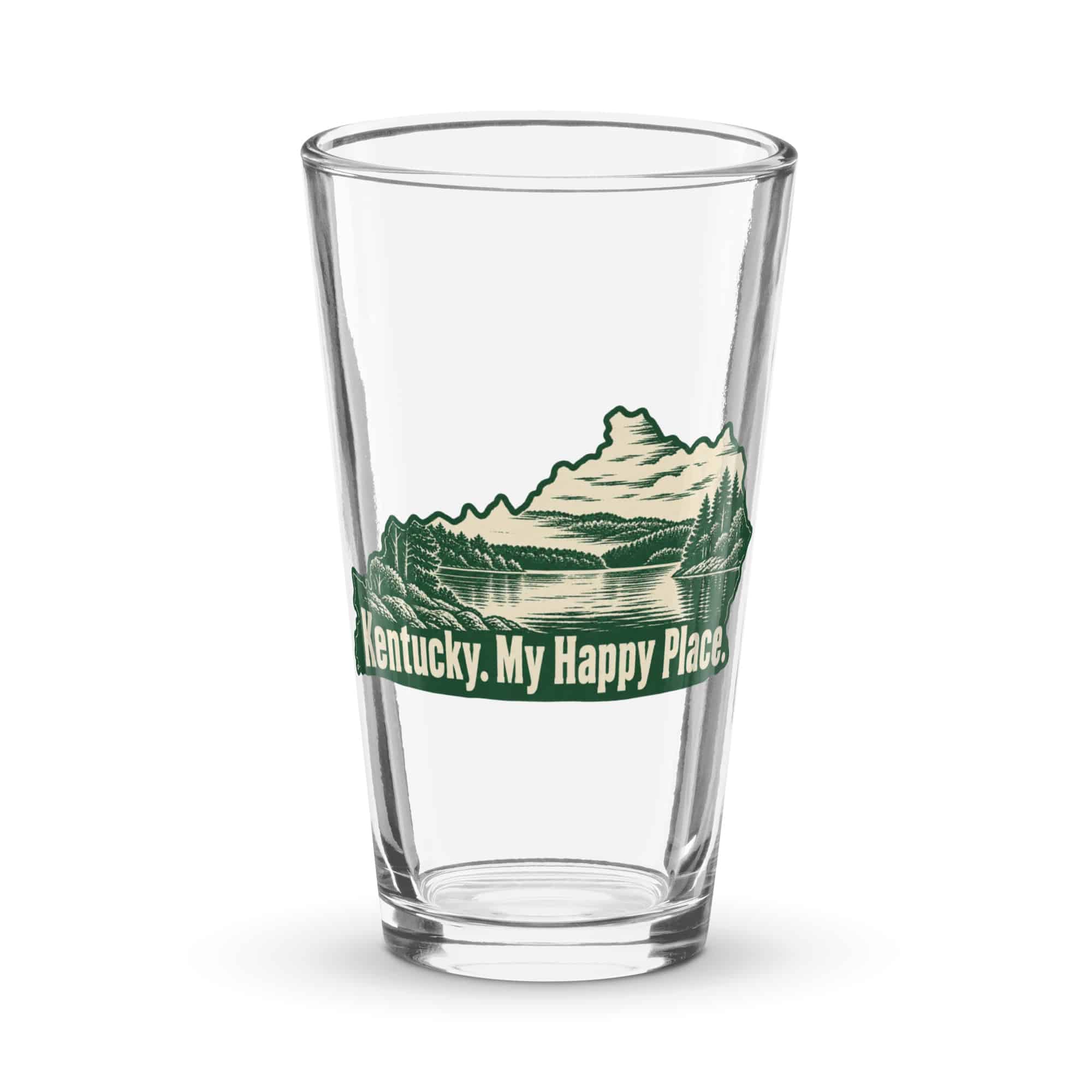 Kentucky Pint Glass: Lake with wooded shoreline, Woodcut Kentucky Silhouette