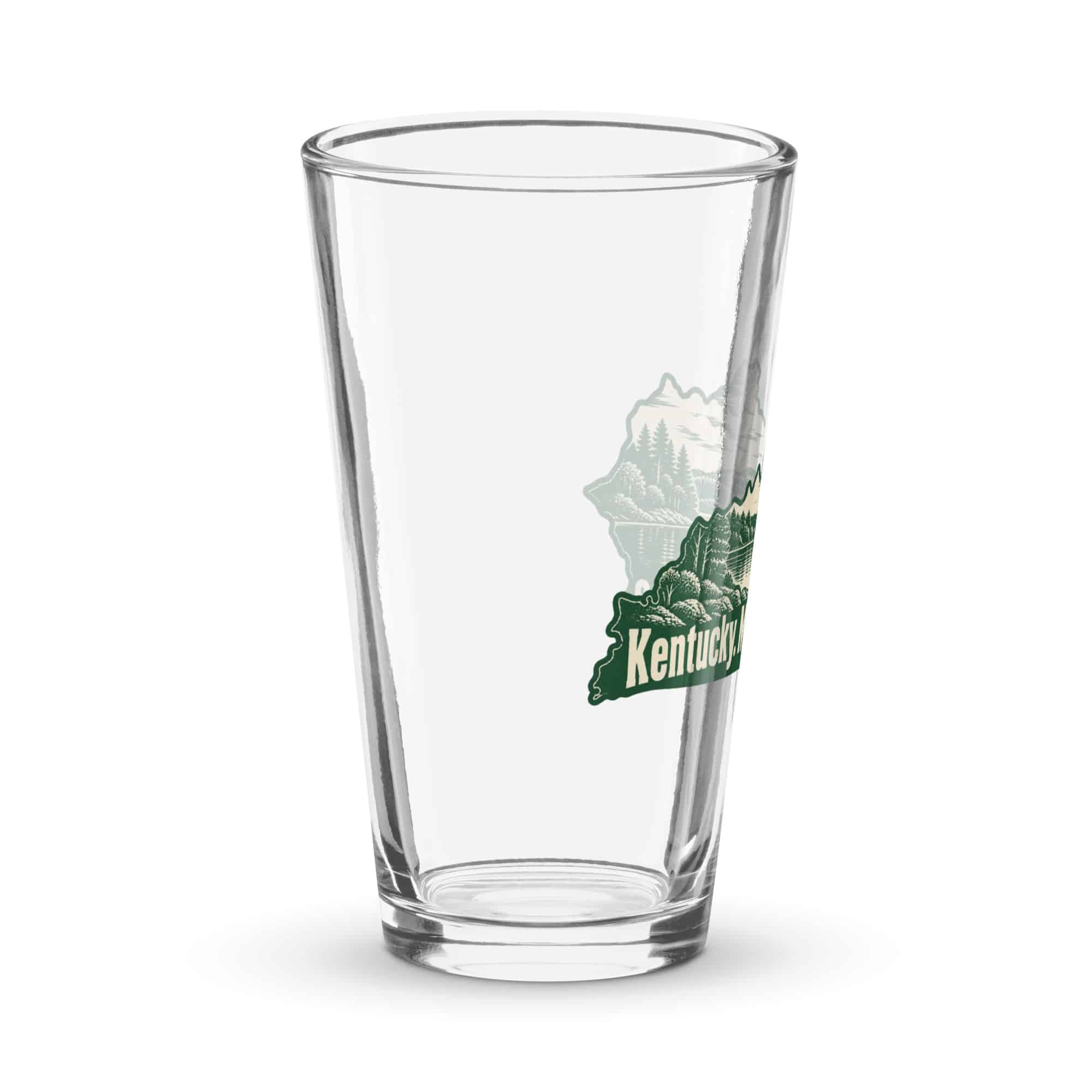 Kentucky Pint Glass: Lake with wooded shoreline, Woodcut Kentucky Silhouette